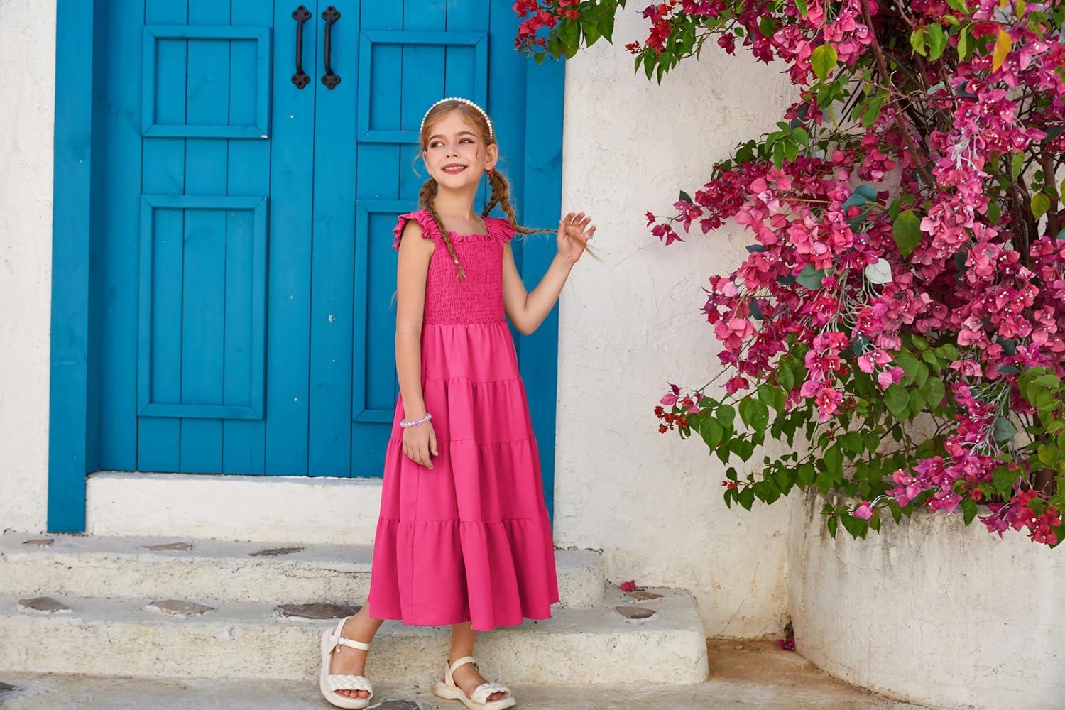 imageGRACE KARIN Girls Dress Summer Tie Back Party Dress Ruffle Sleeve Smoke Tiered Special Occasions Maxi Tween Dresses Size 514Rose Pink