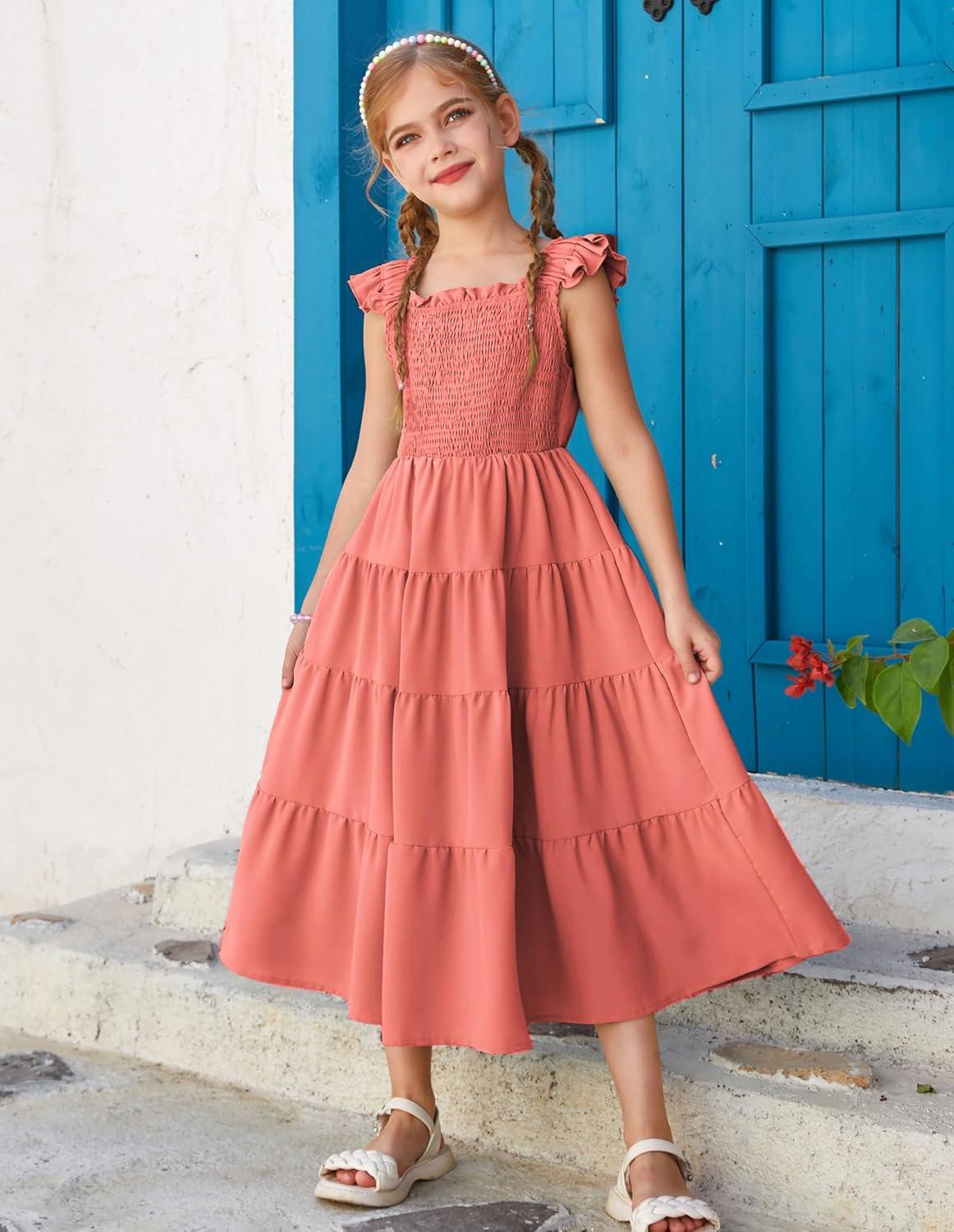 imageGRACE KARIN Girls Dress Summer Tie Back Party Dress Ruffle Sleeve Smoke Tiered Special Occasions Maxi Tween Dresses Size 514Watermelon Red