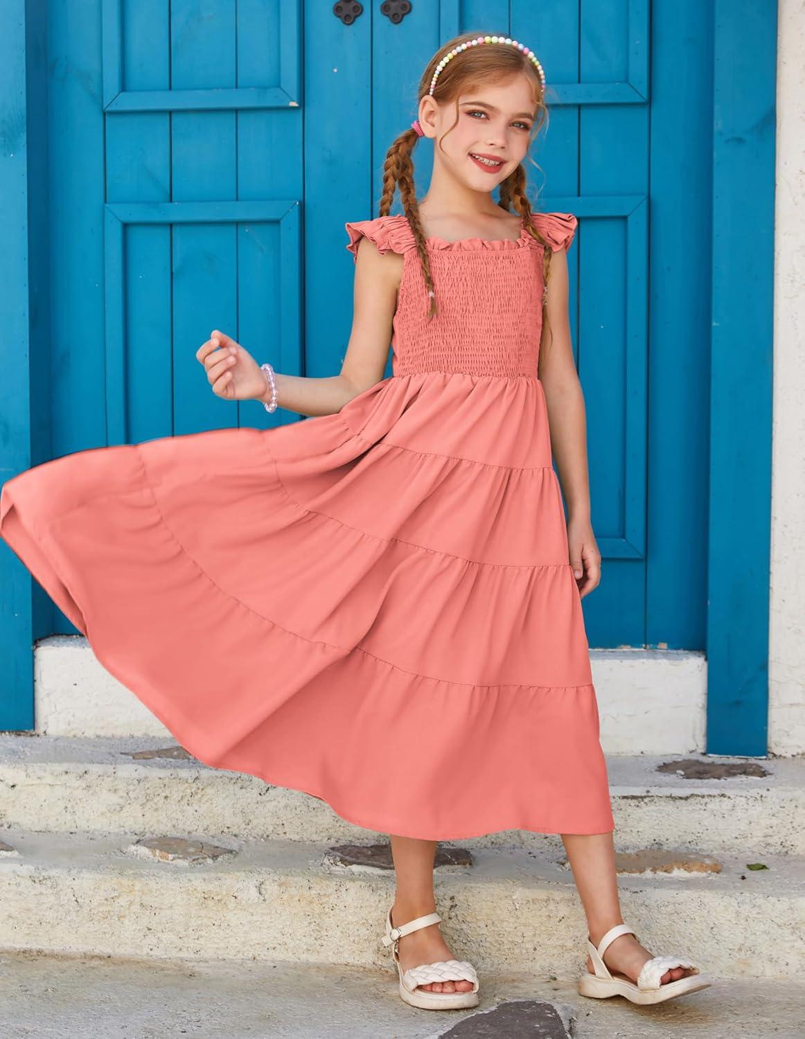 imageGRACE KARIN Girls Dress Summer Tie Back Party Dress Ruffle Sleeve Smoke Tiered Special Occasions Maxi Tween Dresses Size 514Watermelon Red