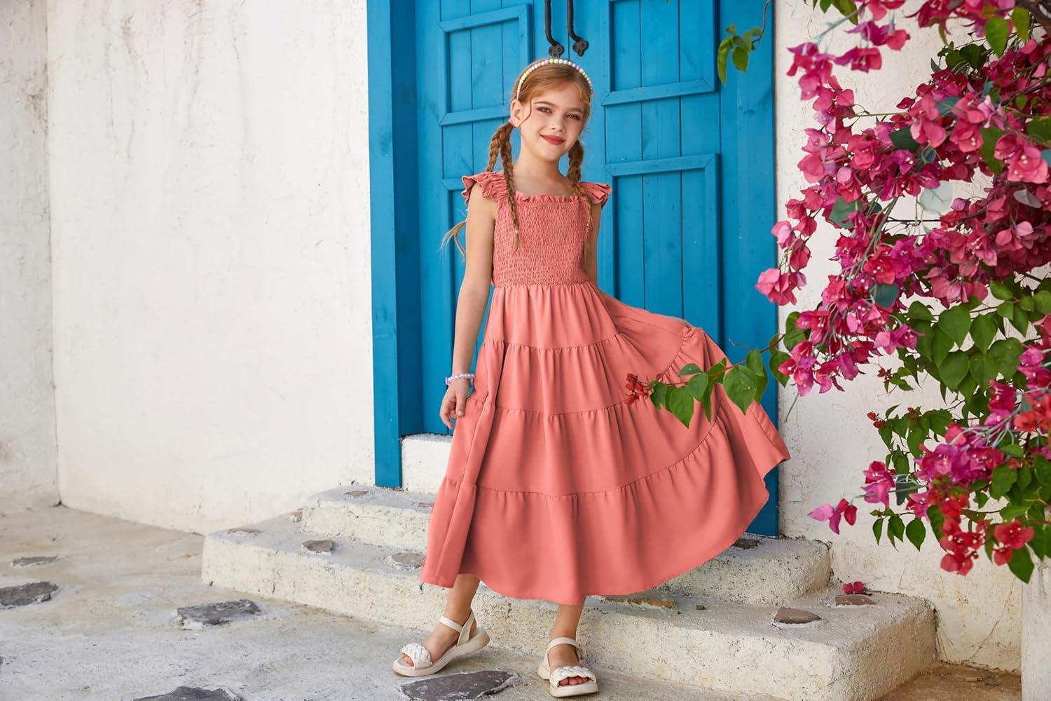 imageGRACE KARIN Girls Dress Summer Tie Back Party Dress Ruffle Sleeve Smoke Tiered Special Occasions Maxi Tween Dresses Size 514Watermelon Red