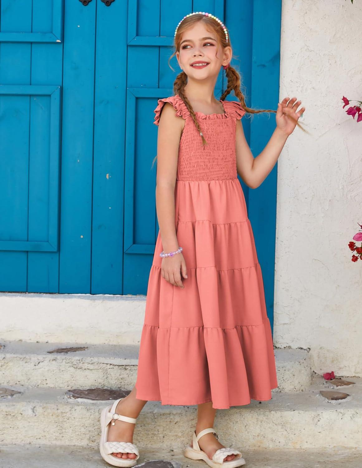 imageGRACE KARIN Girls Dress Summer Tie Back Party Dress Ruffle Sleeve Smoke Tiered Special Occasions Maxi Tween Dresses Size 514Watermelon Red
