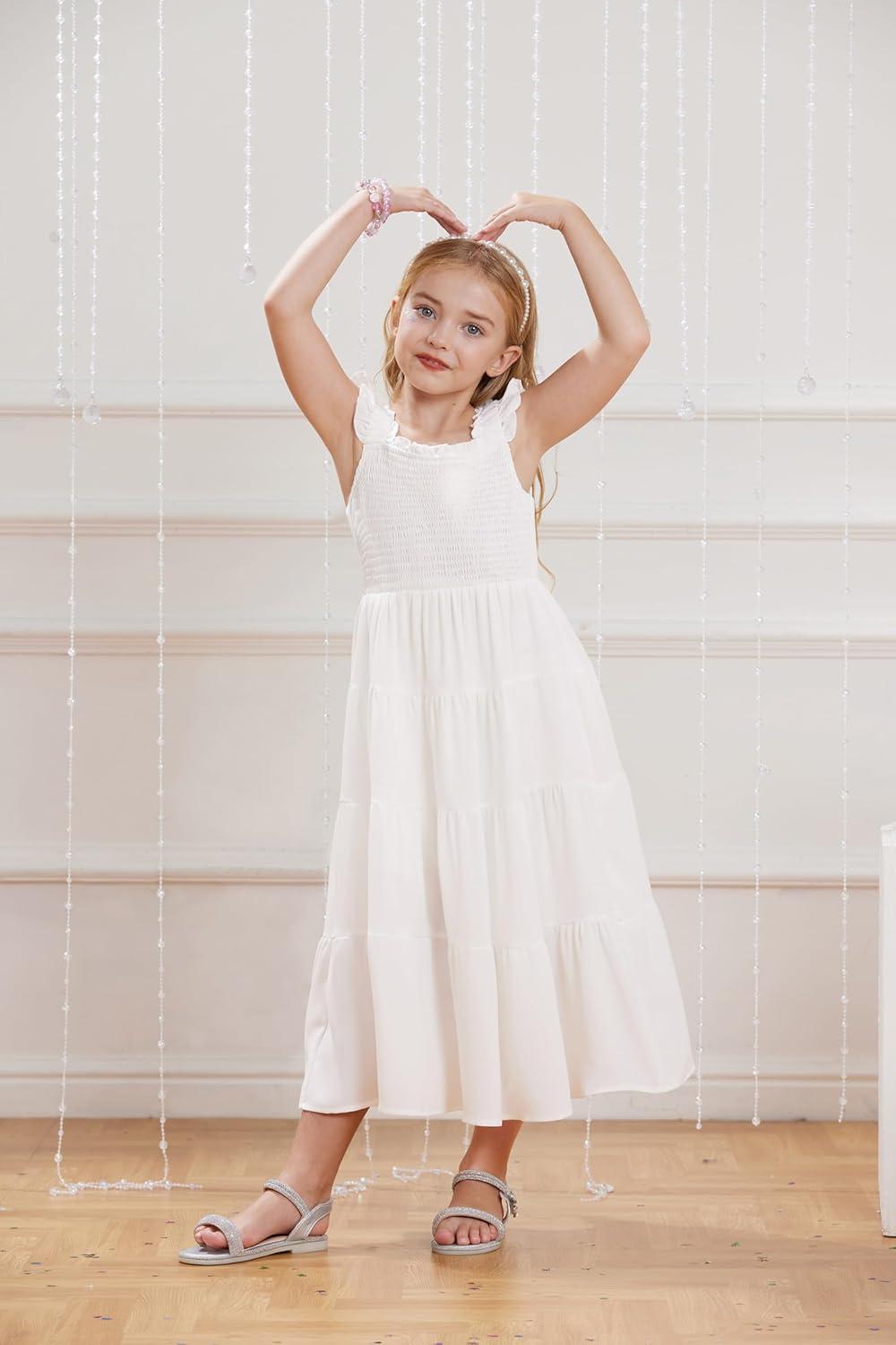 imageGRACE KARIN Girls Dress Summer Tie Back Party Dress Ruffle Sleeve Smoke Tiered Special Occasions Maxi Tween Dresses Size 514White