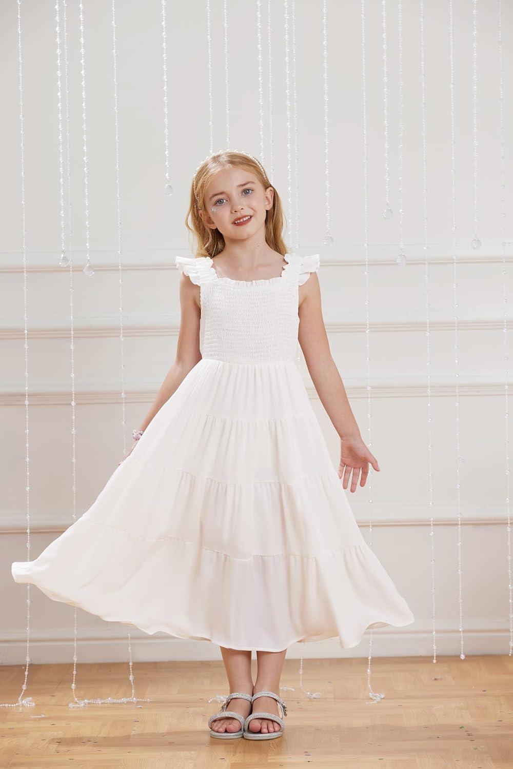 imageGRACE KARIN Girls Dress Summer Tie Back Party Dress Ruffle Sleeve Smoke Tiered Special Occasions Maxi Tween Dresses Size 514White
