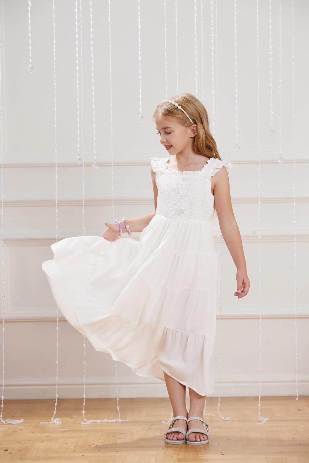 imageGRACE KARIN Girls Dress Summer Tie Back Party Dress Ruffle Sleeve Smoke Tiered Special Occasions Maxi Tween Dresses Size 514White