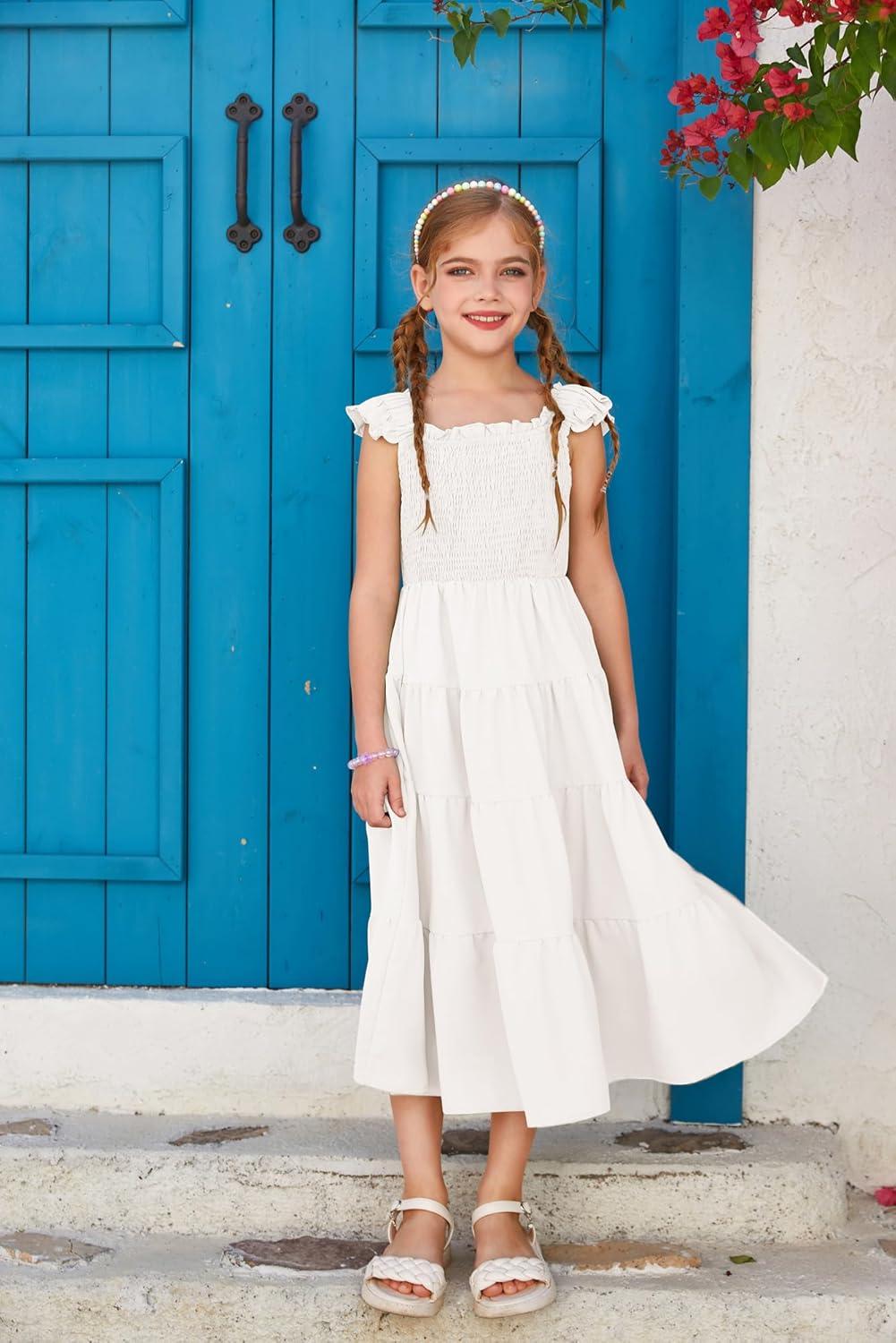 imageGRACE KARIN Girls Dress Summer Tie Back Party Dress Ruffle Sleeve Smoke Tiered Special Occasions Maxi Tween Dresses Size 514White