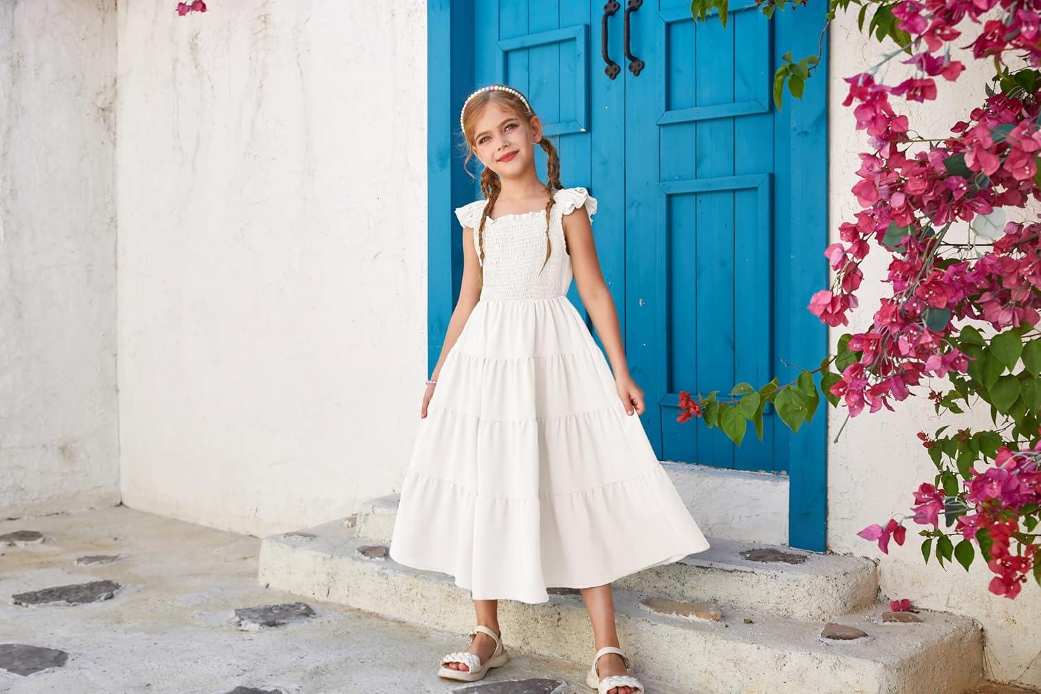 imageGRACE KARIN Girls Dress Summer Tie Back Party Dress Ruffle Sleeve Smoke Tiered Special Occasions Maxi Tween Dresses Size 514White