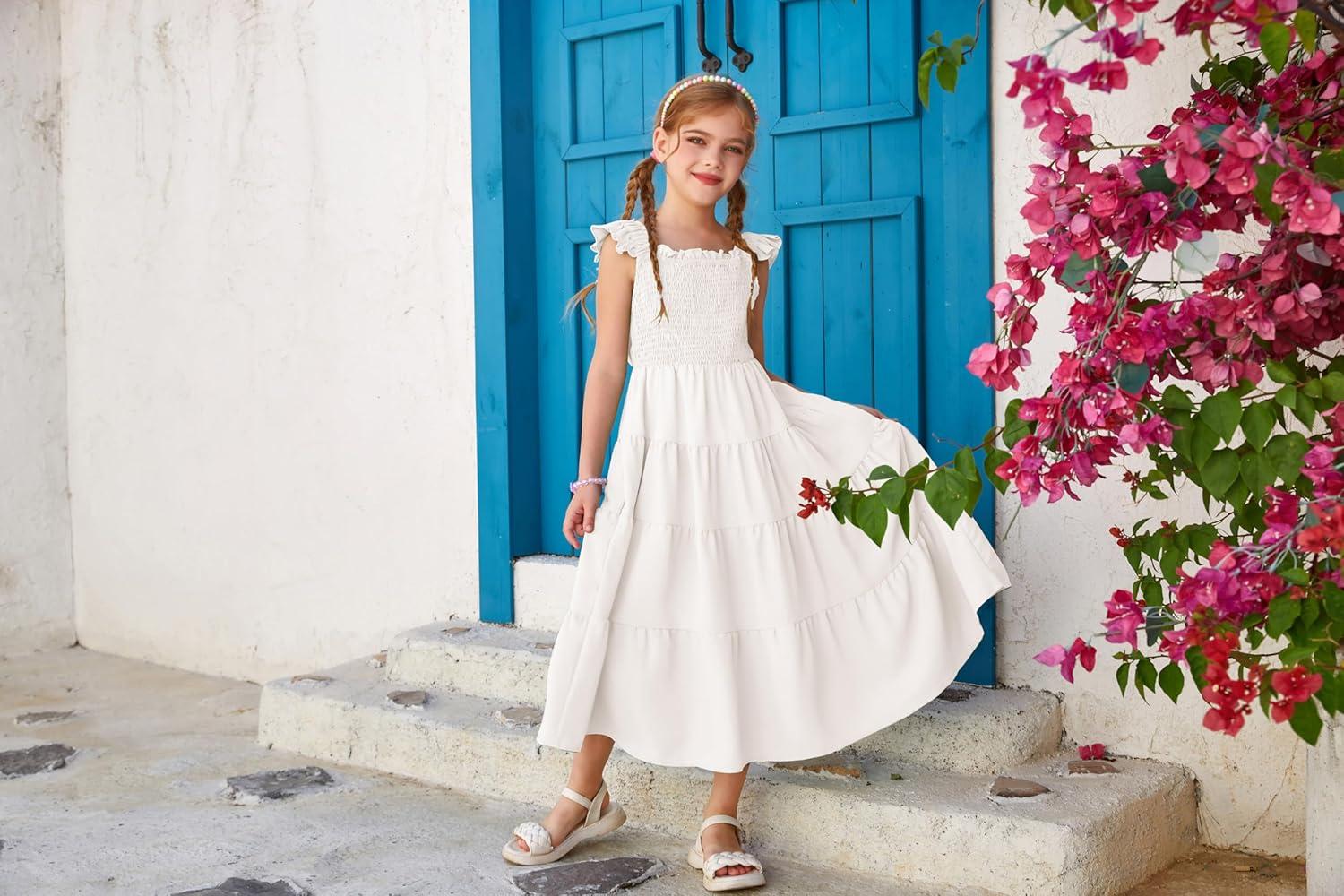 imageGRACE KARIN Girls Dress Summer Tie Back Party Dress Ruffle Sleeve Smoke Tiered Special Occasions Maxi Tween Dresses Size 514White
