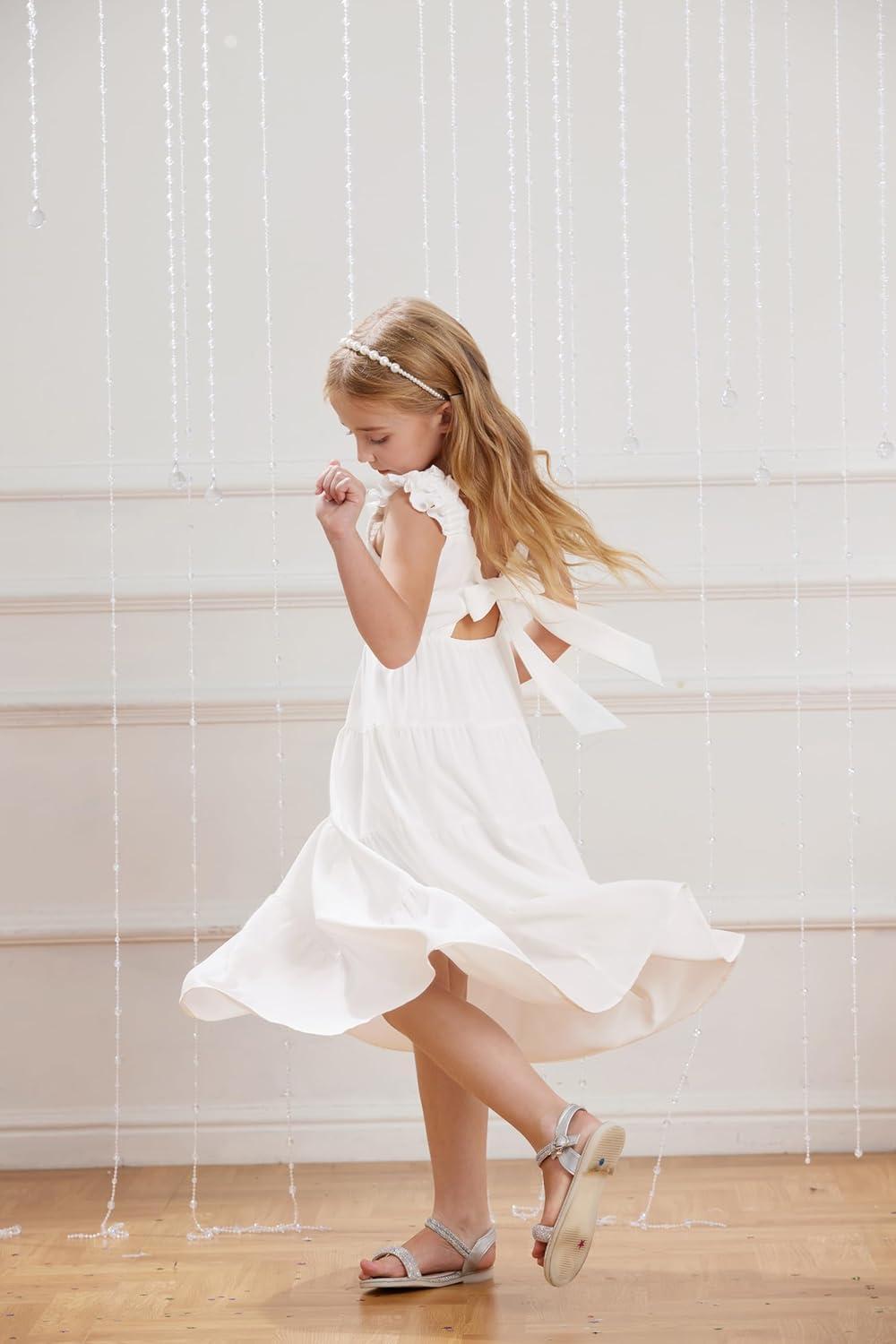 imageGRACE KARIN Girls Dress Summer Tie Back Party Dress Ruffle Sleeve Smoke Tiered Special Occasions Maxi Tween Dresses Size 514White