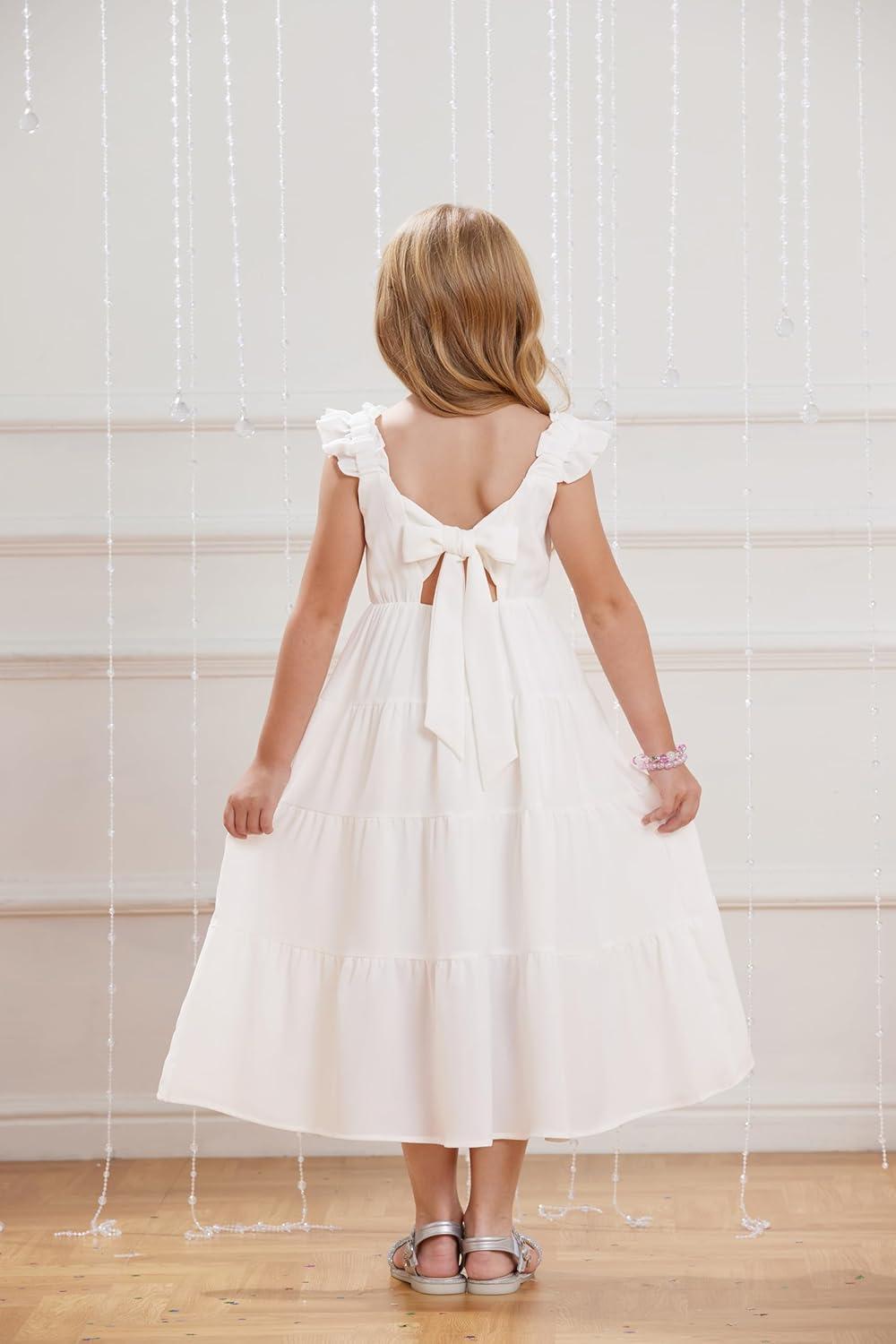 imageGRACE KARIN Girls Dress Summer Tie Back Party Dress Ruffle Sleeve Smoke Tiered Special Occasions Maxi Tween Dresses Size 514White