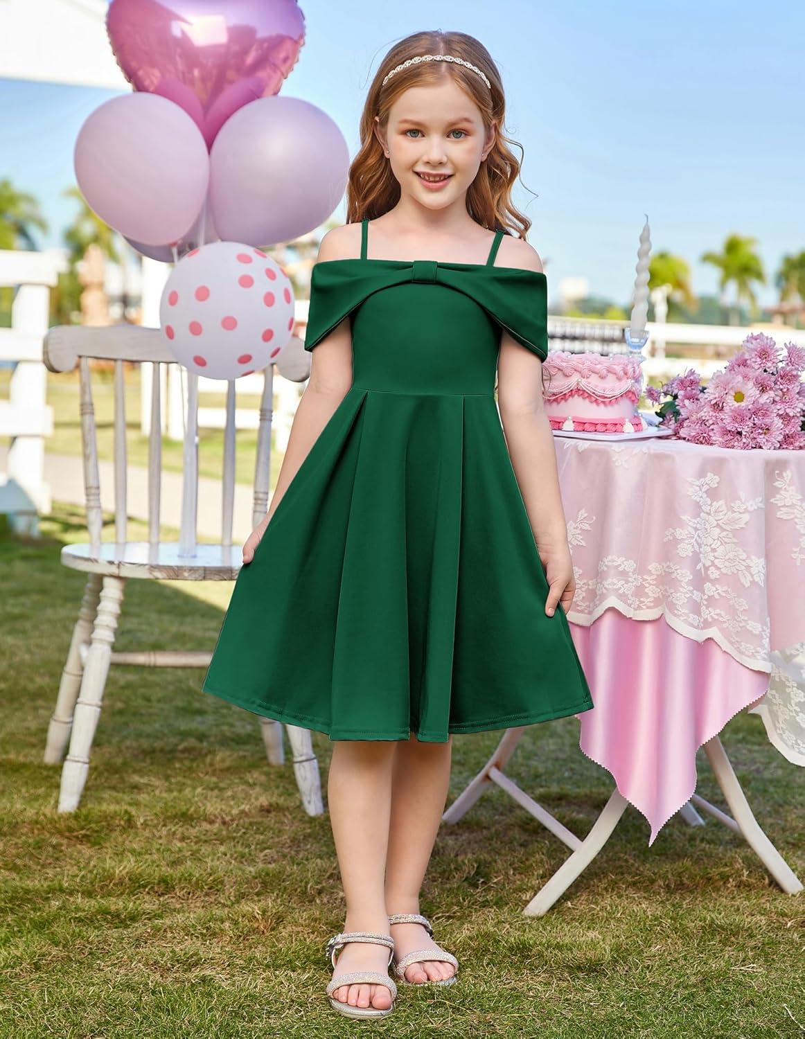 imageGRACE KARIN Girls Elegant Dress Off Shoulder ALine Casual Party Dresses for 614 YearsDark Green