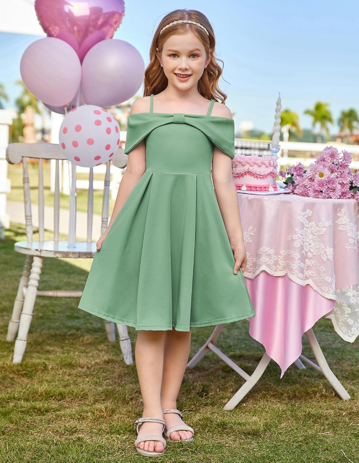 imageGRACE KARIN Girls Elegant Dress Off Shoulder ALine Casual Party Dresses for 614 YearsGreen