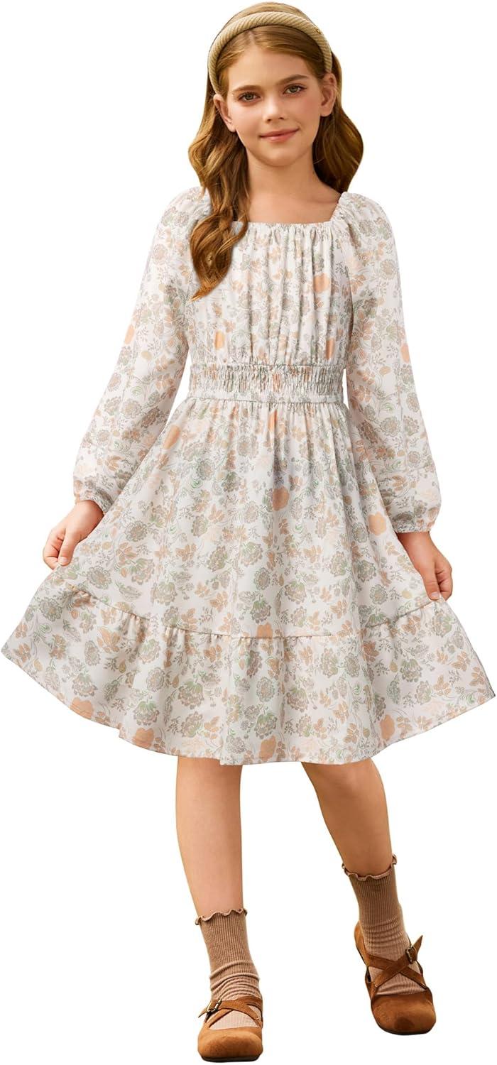 imageGRACE KARIN Girls Fall Dress Floral Long Sleeve Midi with Smocked Waist for Holiday Party 614YAmber Apricot