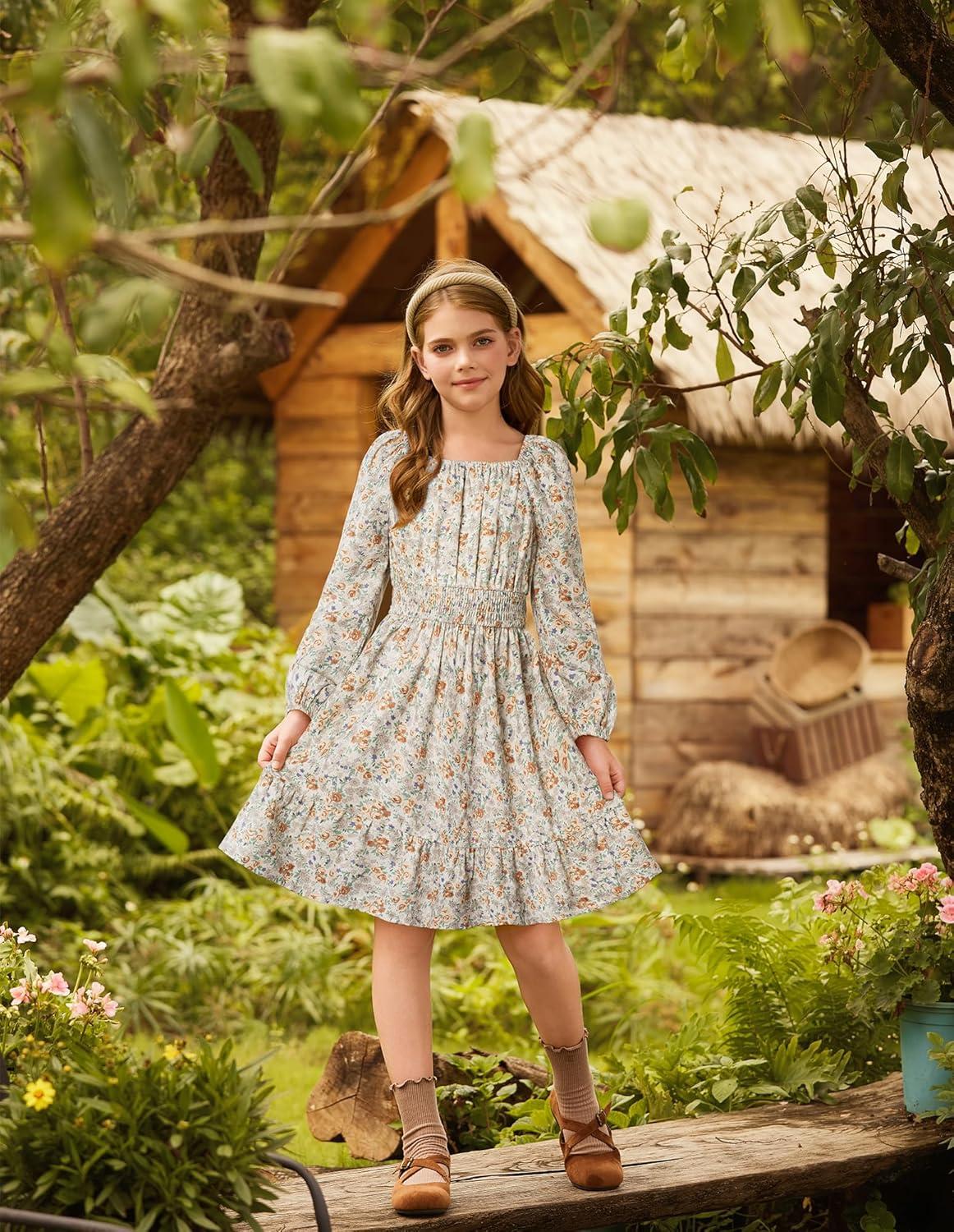imageGRACE KARIN Girls Fall Dress Floral Long Sleeve Midi with Smocked Waist for Holiday Party 614YApricot