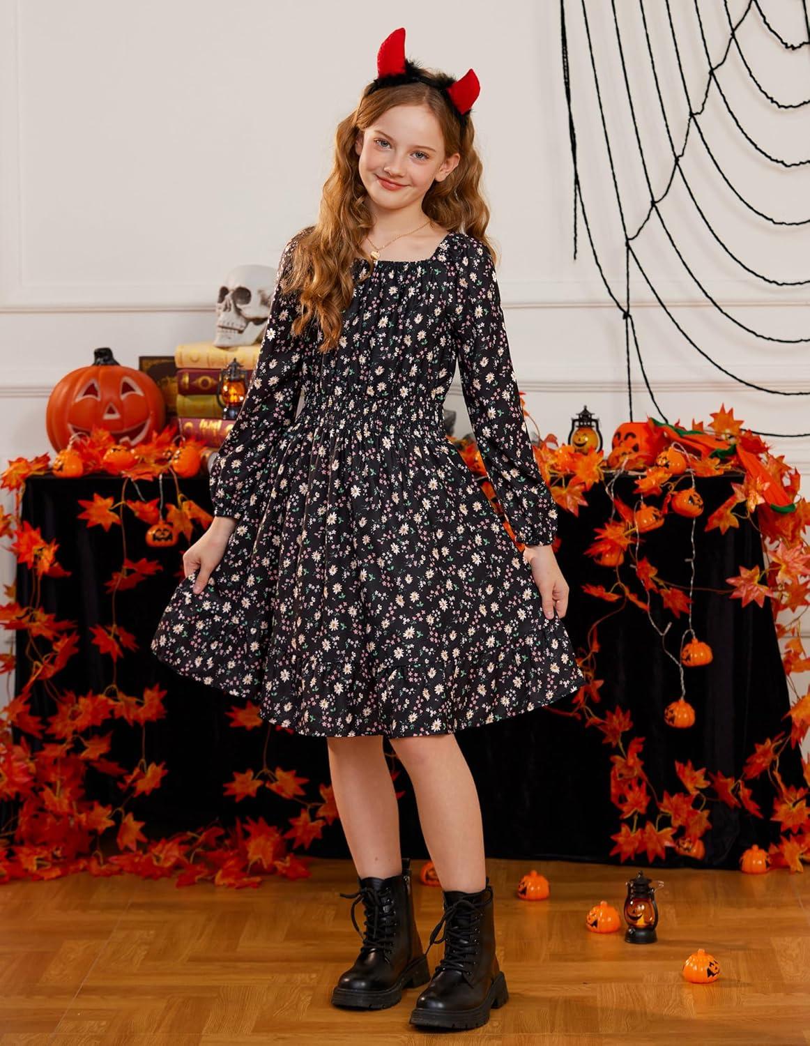imageGRACE KARIN Girls Fall Dress Floral Long Sleeve Midi with Smocked Waist for Holiday Party 614YBlack Flower