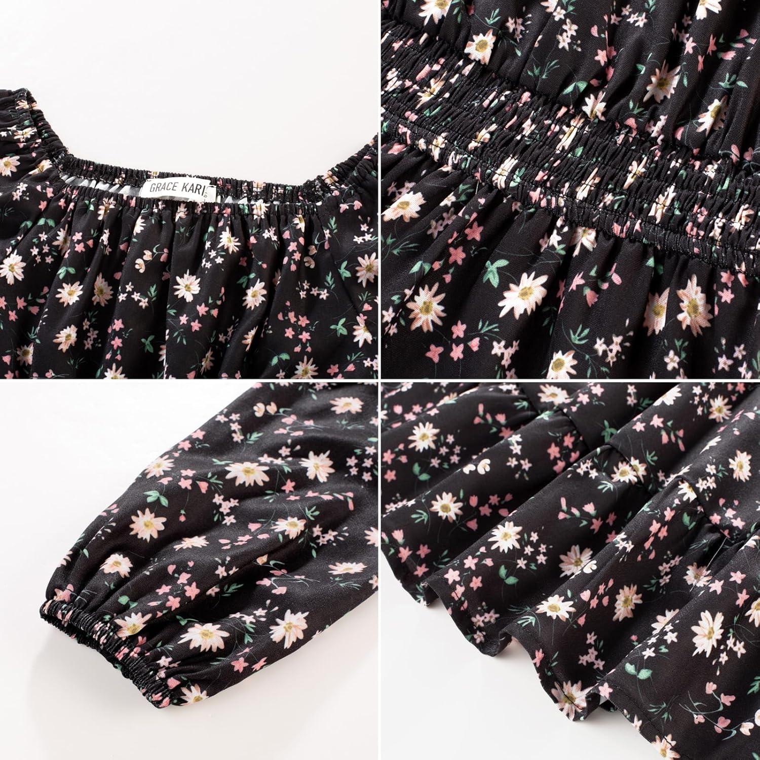imageGRACE KARIN Girls Fall Dress Floral Long Sleeve Midi with Smocked Waist for Holiday Party 614YBlack Flower