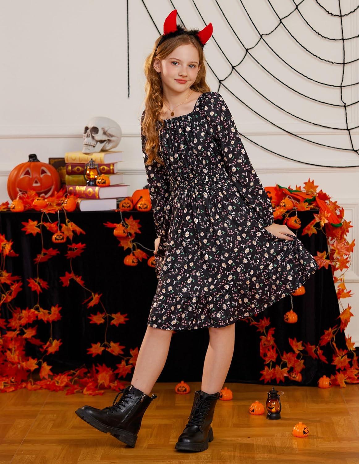 imageGRACE KARIN Girls Fall Dress Floral Long Sleeve Midi with Smocked Waist for Holiday Party 614YBlack Flower