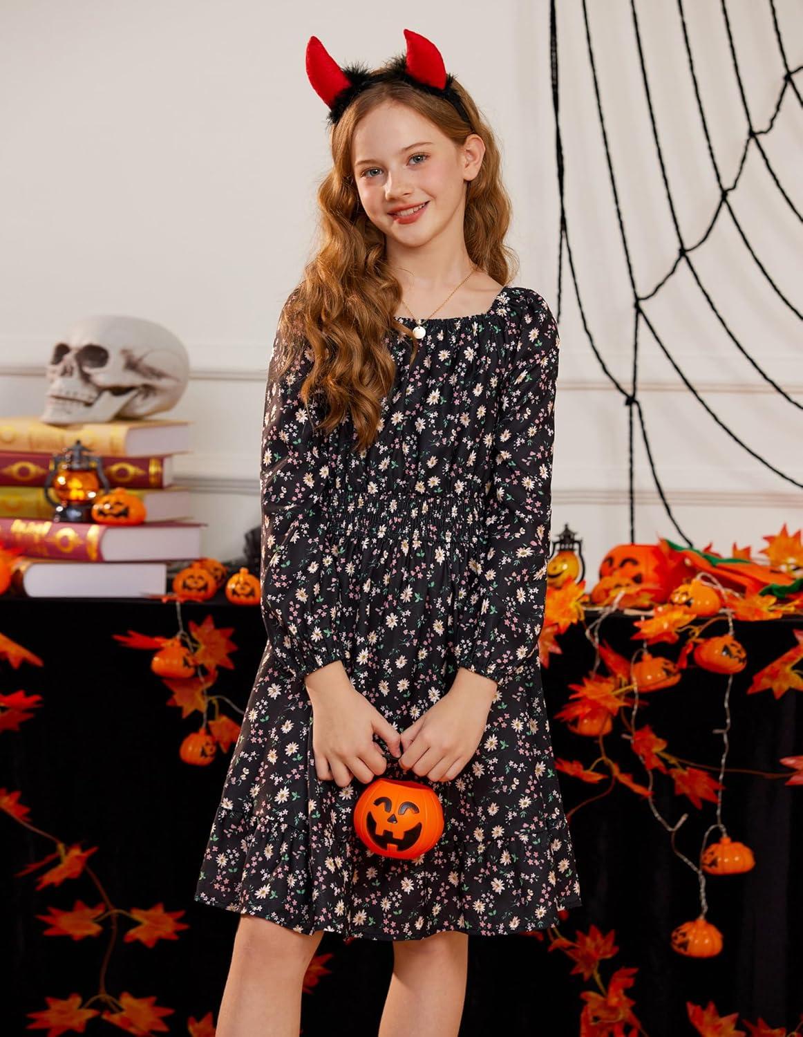imageGRACE KARIN Girls Fall Dress Floral Long Sleeve Midi with Smocked Waist for Holiday Party 614YBlack Flower