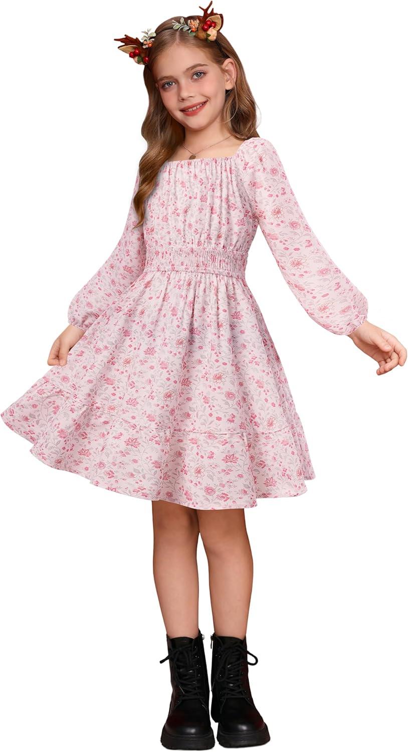 imageGRACE KARIN Girls Fall Dress Floral Long Sleeve Midi with Smocked Waist for Holiday Party 614YBlush Bloom