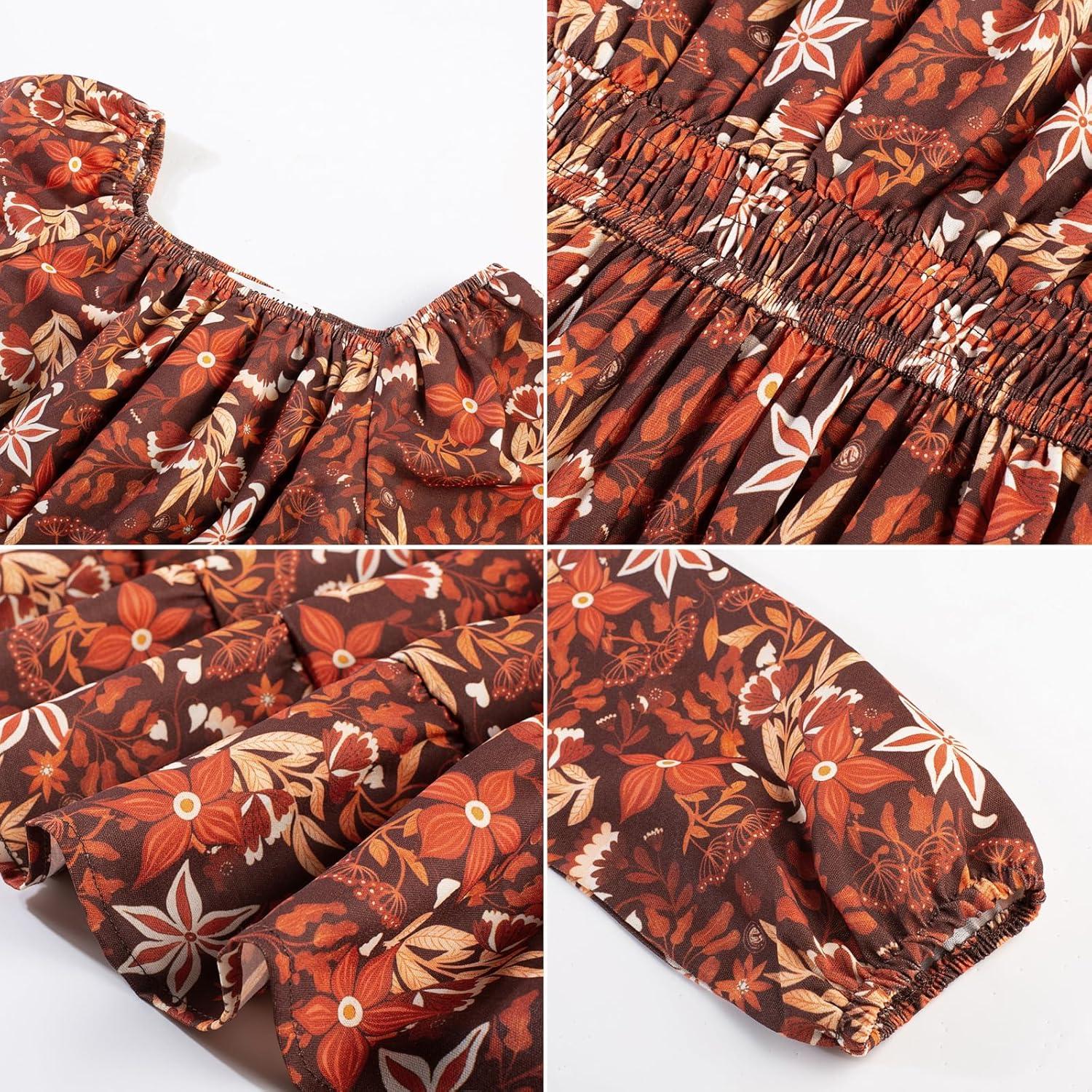 imageGRACE KARIN Girls Fall Dress Floral Long Sleeve Midi with Smocked Waist for Holiday Party 614YBrown With Bold Floral