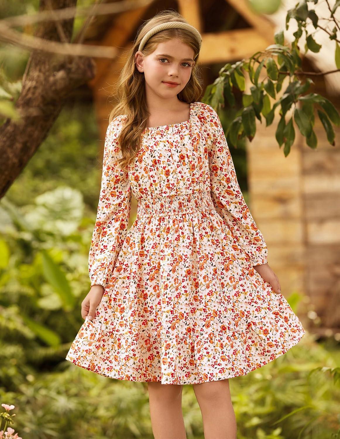 imageGRACE KARIN Girls Fall Dress Floral Long Sleeve Midi with Smocked Waist for Holiday Party 614YBurnt Orange Flower