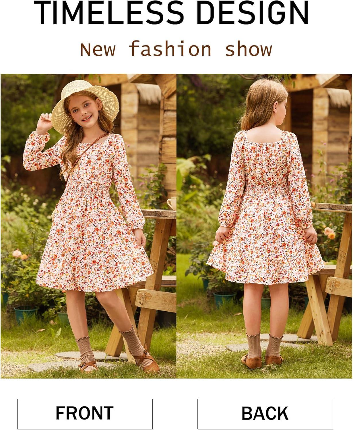 imageGRACE KARIN Girls Fall Dress Floral Long Sleeve Midi with Smocked Waist for Holiday Party 614YBurnt Orange Flower