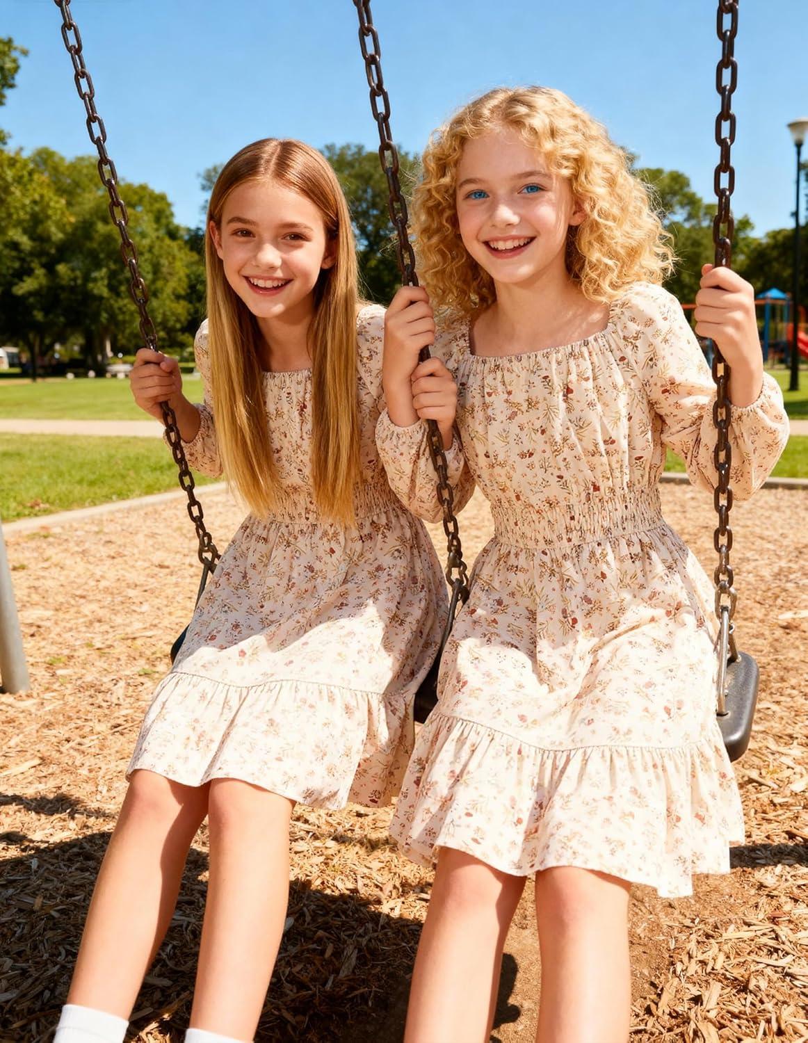 imageGRACE KARIN Girls Fall Dress Floral Long Sleeve Midi with Smocked Waist for Holiday Party 614YCream