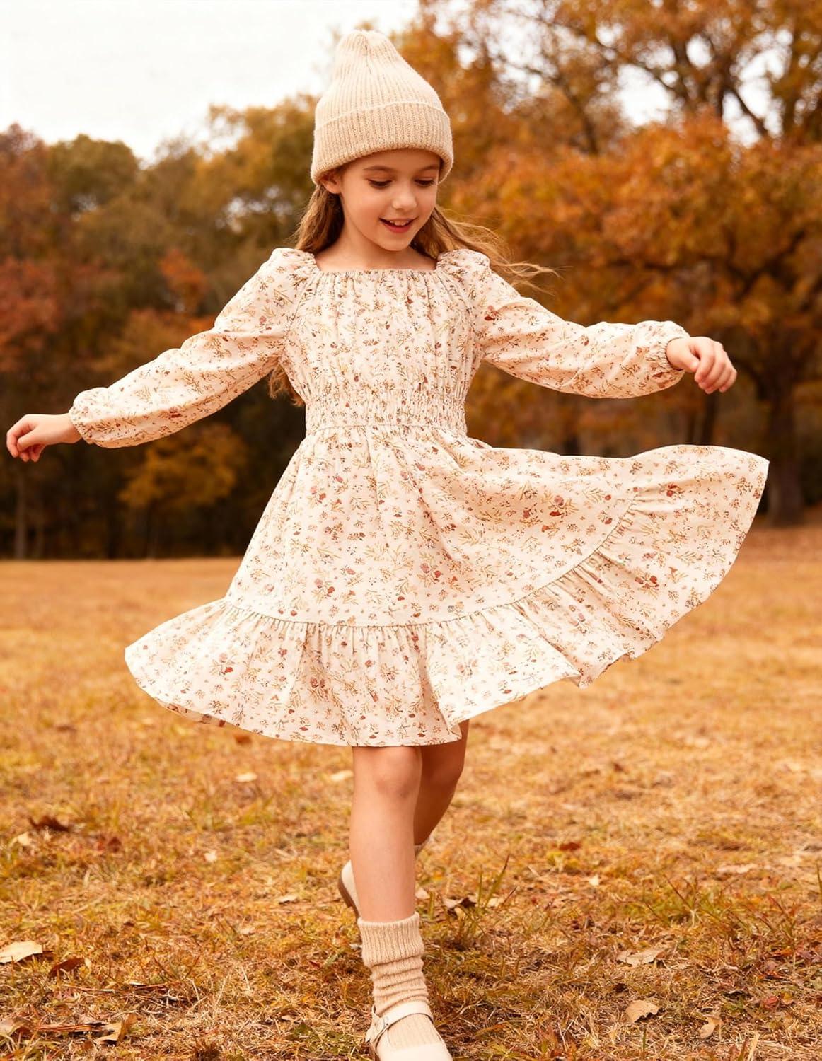 imageGRACE KARIN Girls Fall Dress Floral Long Sleeve Midi with Smocked Waist for Holiday Party 614YCream