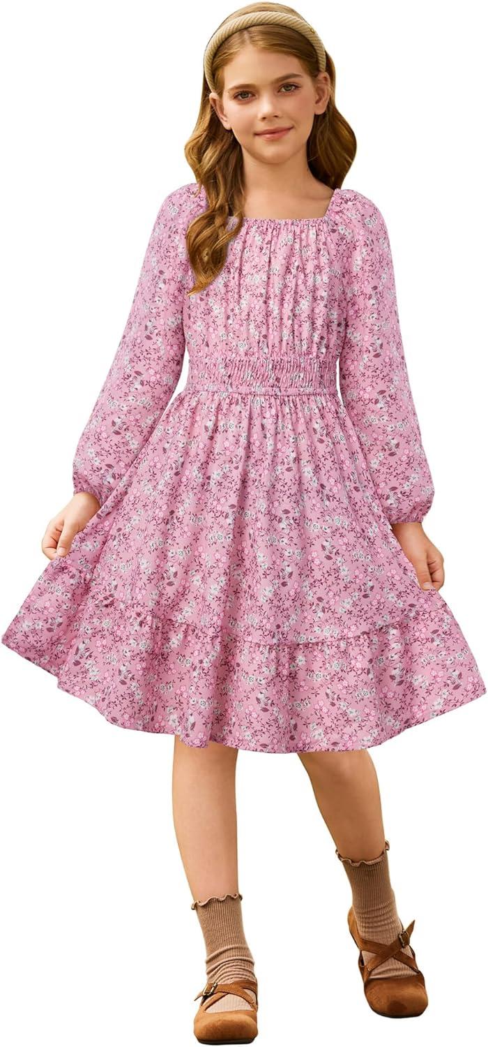 imageGRACE KARIN Girls Fall Dress Floral Long Sleeve Midi with Smocked Waist for Holiday Party 614YDusty Rose
