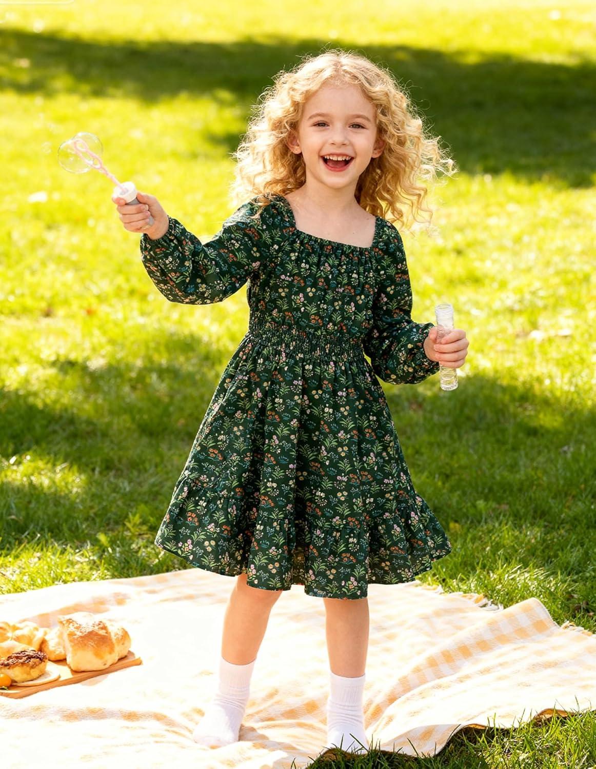 imageGRACE KARIN Girls Fall Dress Floral Long Sleeve Midi with Smocked Waist for Holiday Party 614YGreen Flower