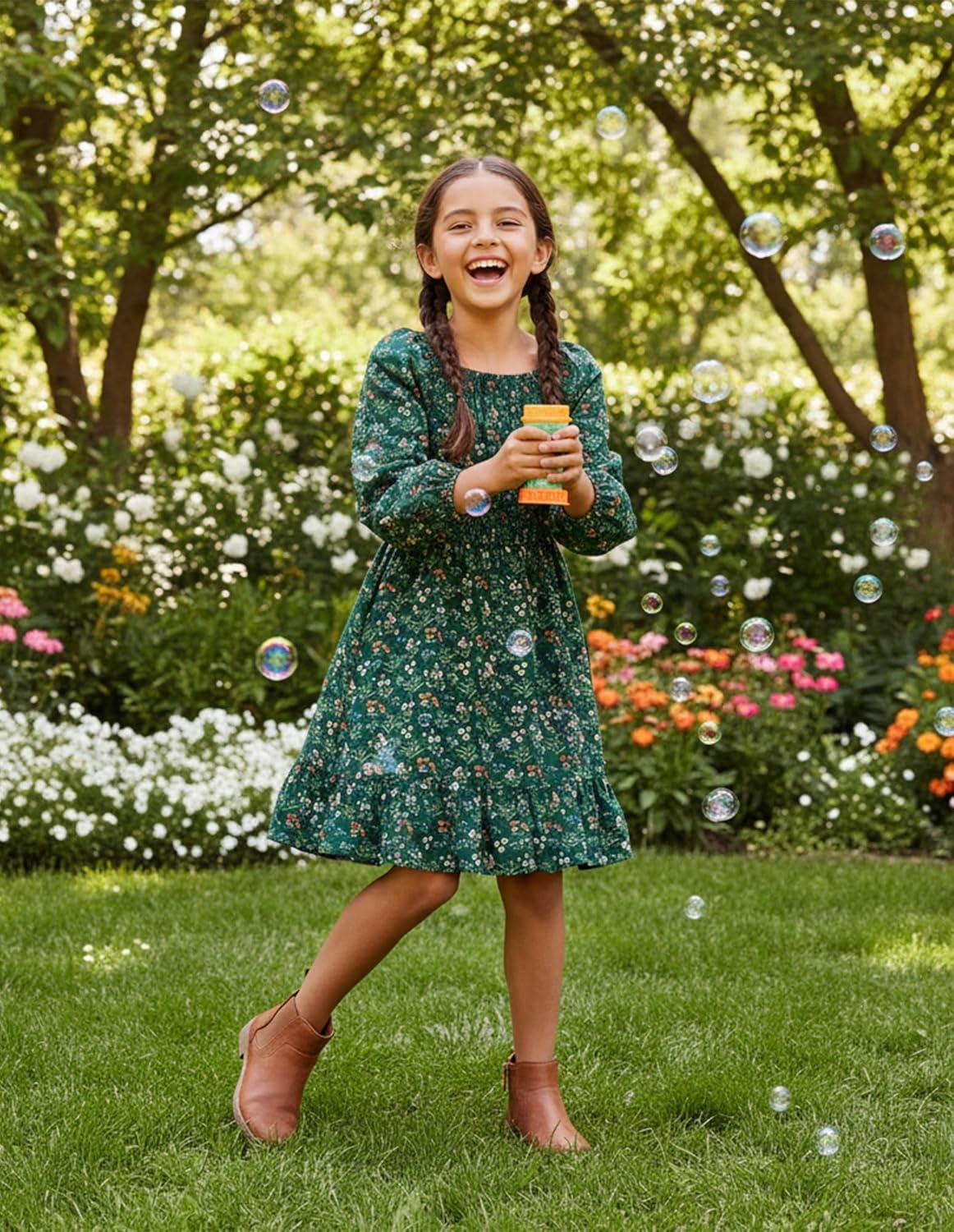 imageGRACE KARIN Girls Fall Dress Floral Long Sleeve Midi with Smocked Waist for Holiday Party 614YGreen Flower