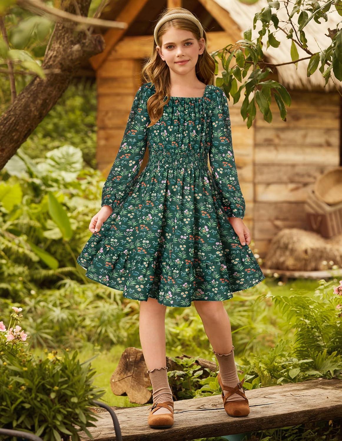 imageGRACE KARIN Girls Fall Dress Floral Long Sleeve Midi with Smocked Waist for Holiday Party 614YGreen Flower