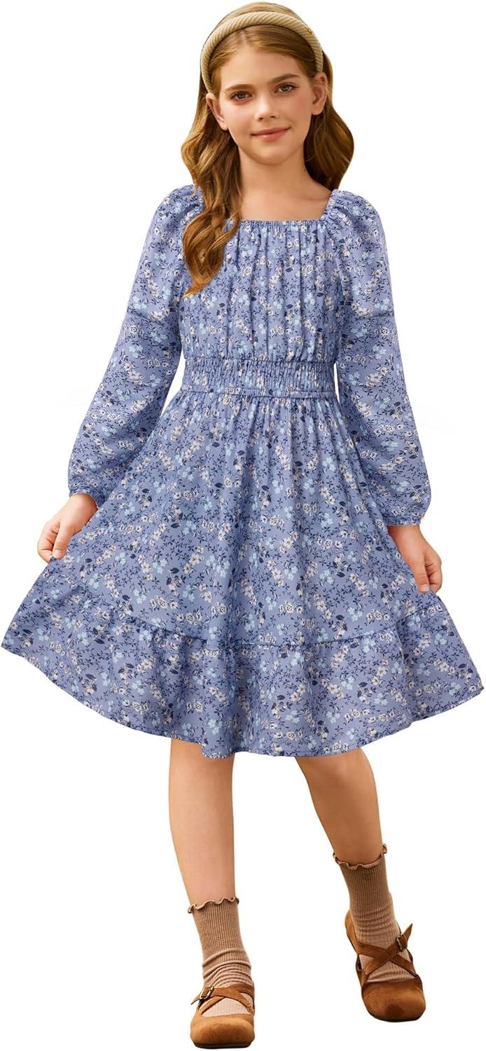 imageGRACE KARIN Girls Fall Dress Floral Long Sleeve Midi with Smocked Waist for Holiday Party 614YMidnight Bloom