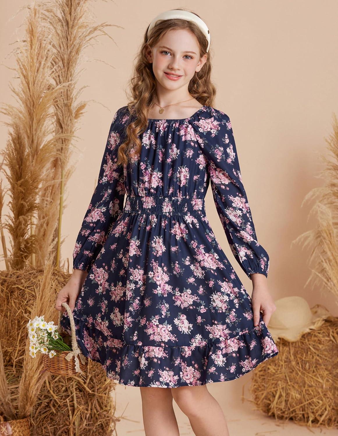 imageGRACE KARIN Girls Fall Dress Floral Long Sleeve Midi with Smocked Waist for Holiday Party 614YNavy Blue Flower