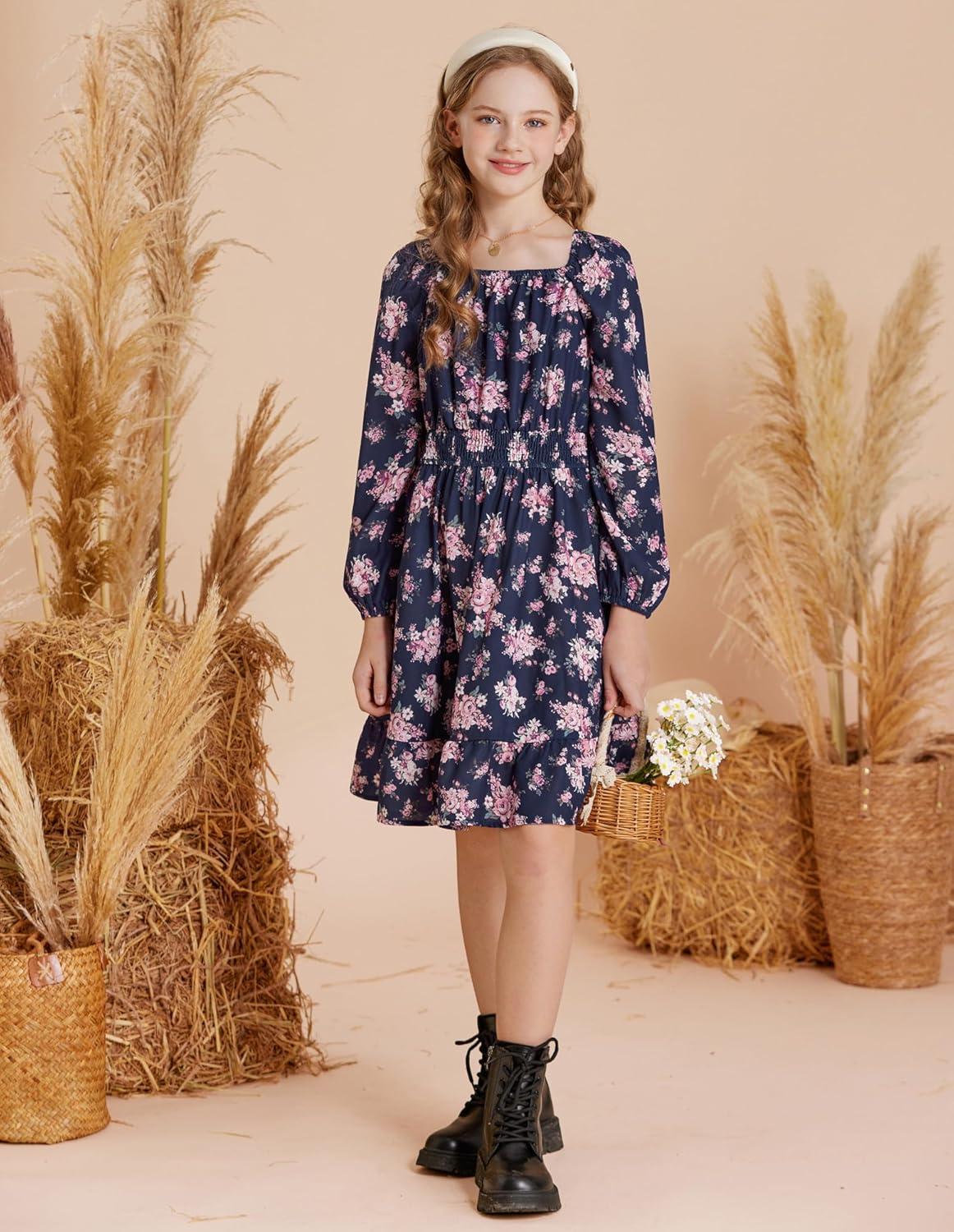 imageGRACE KARIN Girls Fall Dress Floral Long Sleeve Midi with Smocked Waist for Holiday Party 614YNavy Blue Flower