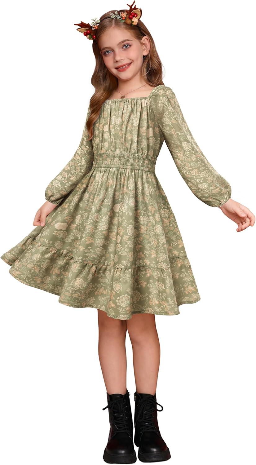 imageGRACE KARIN Girls Fall Dress Floral Long Sleeve Midi with Smocked Waist for Holiday Party 614YPeachy Sage Floral