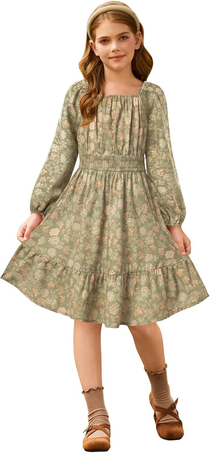 imageGRACE KARIN Girls Fall Dress Floral Long Sleeve Midi with Smocked Waist for Holiday Party 614YPeachy Sage Floral
