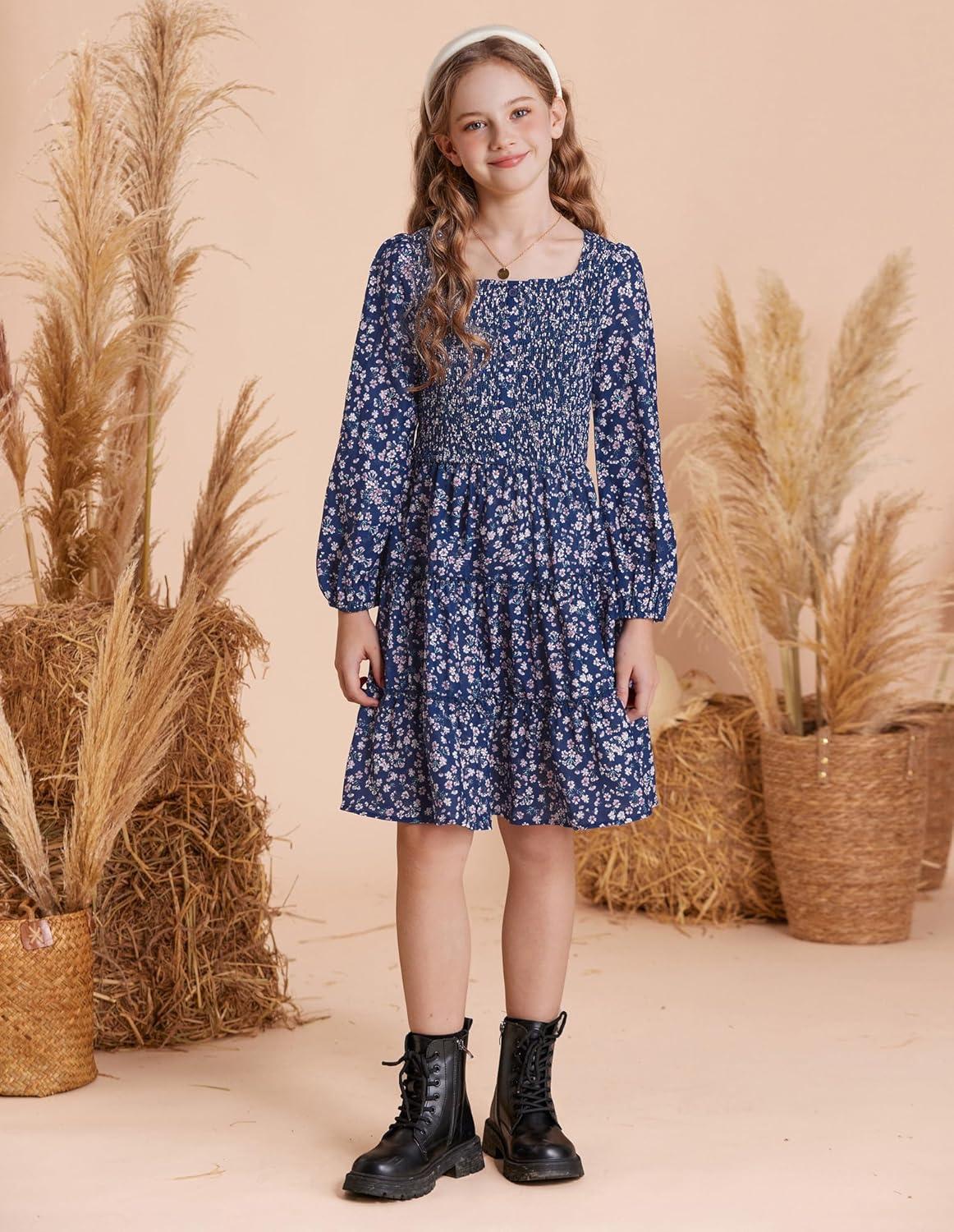 imageGRACE KARIN Girls Fall Long Sleeve Floral Square Neck Smock Tiered Casual Holiday Teen Dress Size 514Navy Blue Floral