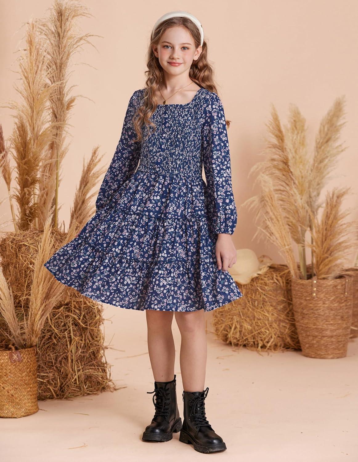 imageGRACE KARIN Girls Fall Long Sleeve Floral Square Neck Smock Tiered Casual Holiday Teen Dress Size 514Navy Blue Floral
