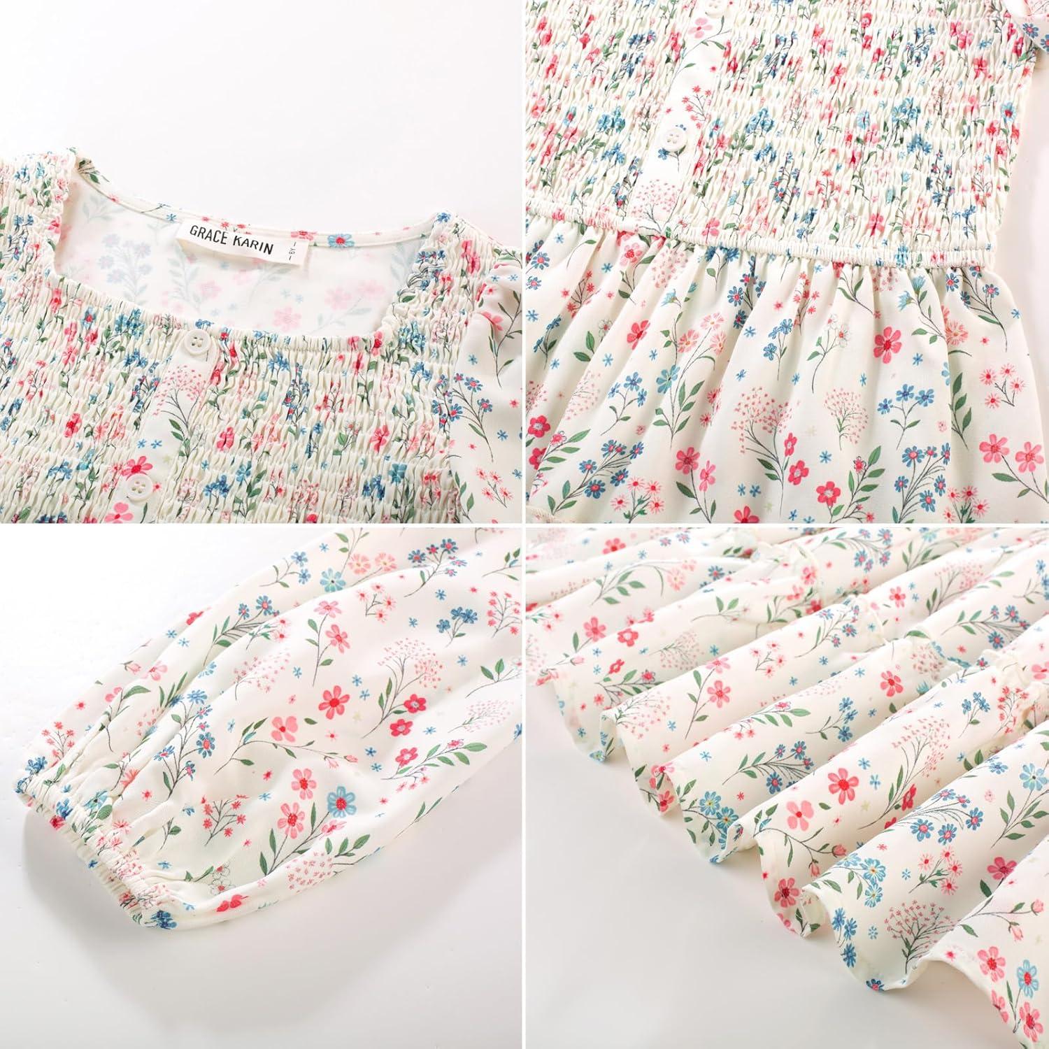 imageGRACE KARIN Girls Fall Long Sleeve Floral Square Neck Smock Tiered Casual Holiday Teen Dress Size 514Off White Floral