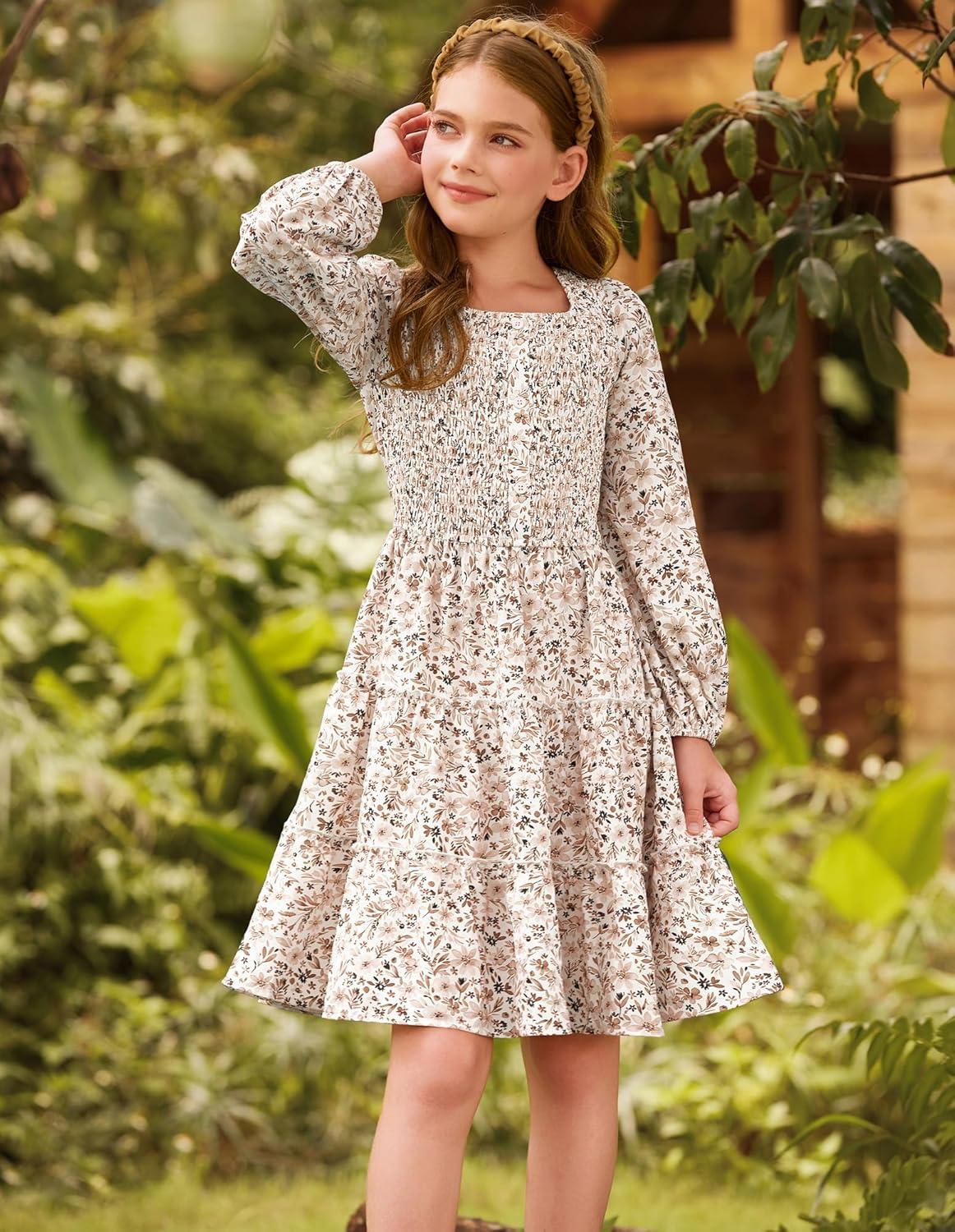 imageGRACE KARIN Girls Fall Long Sleeve Floral Square Neck Smock Tiered Casual Holiday Teen Dress Size 514White Floral