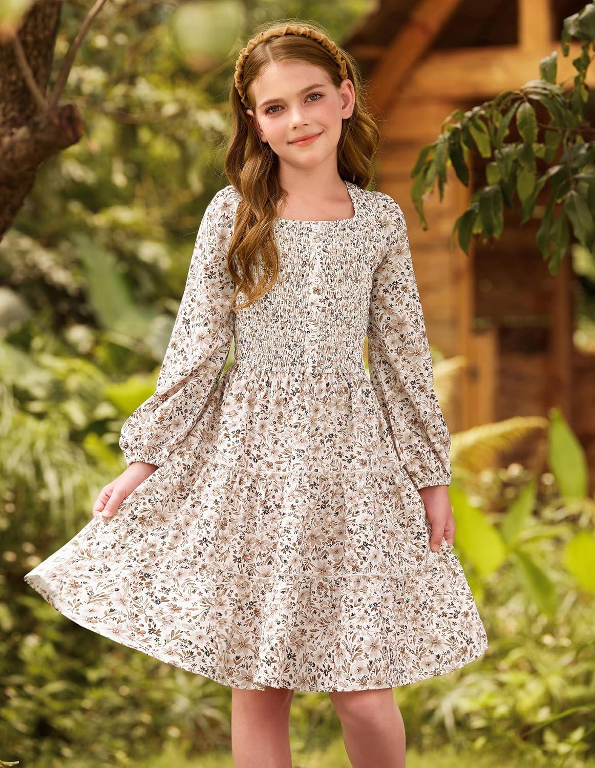 imageGRACE KARIN Girls Fall Long Sleeve Floral Square Neck Smock Tiered Casual Holiday Teen Dress Size 514White Floral