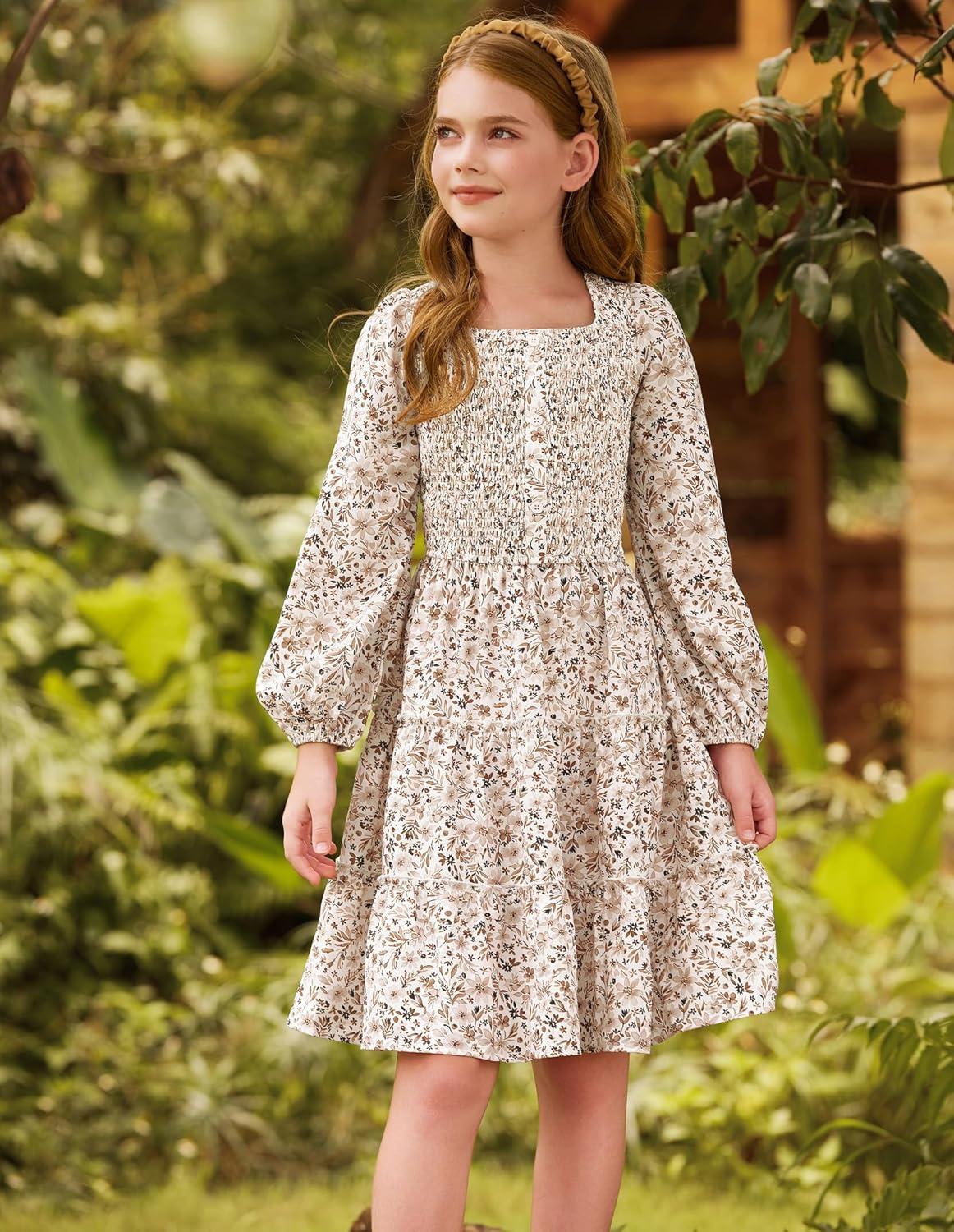 imageGRACE KARIN Girls Fall Long Sleeve Floral Square Neck Smock Tiered Casual Holiday Teen Dress Size 514White Floral