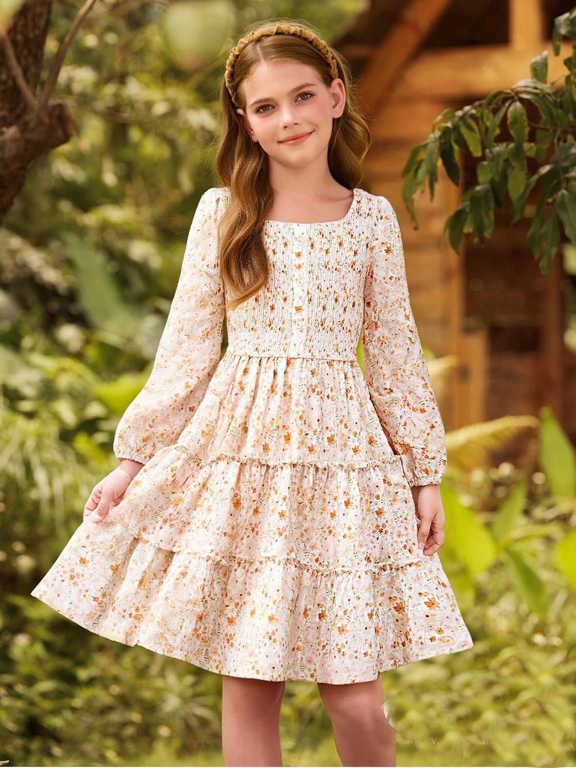 imageGRACE KARIN Girls Fall Long Sleeve Floral Square Neck Smock Tiered Casual Holiday Teen Dress Size 514White Orange Floral