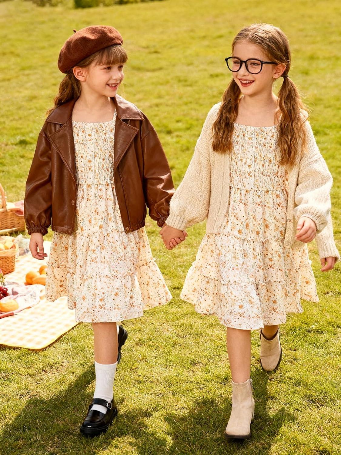 imageGRACE KARIN Girls Fall Long Sleeve Floral Square Neck Smock Tiered Casual Holiday Teen Dress Size 514White Orange Floral