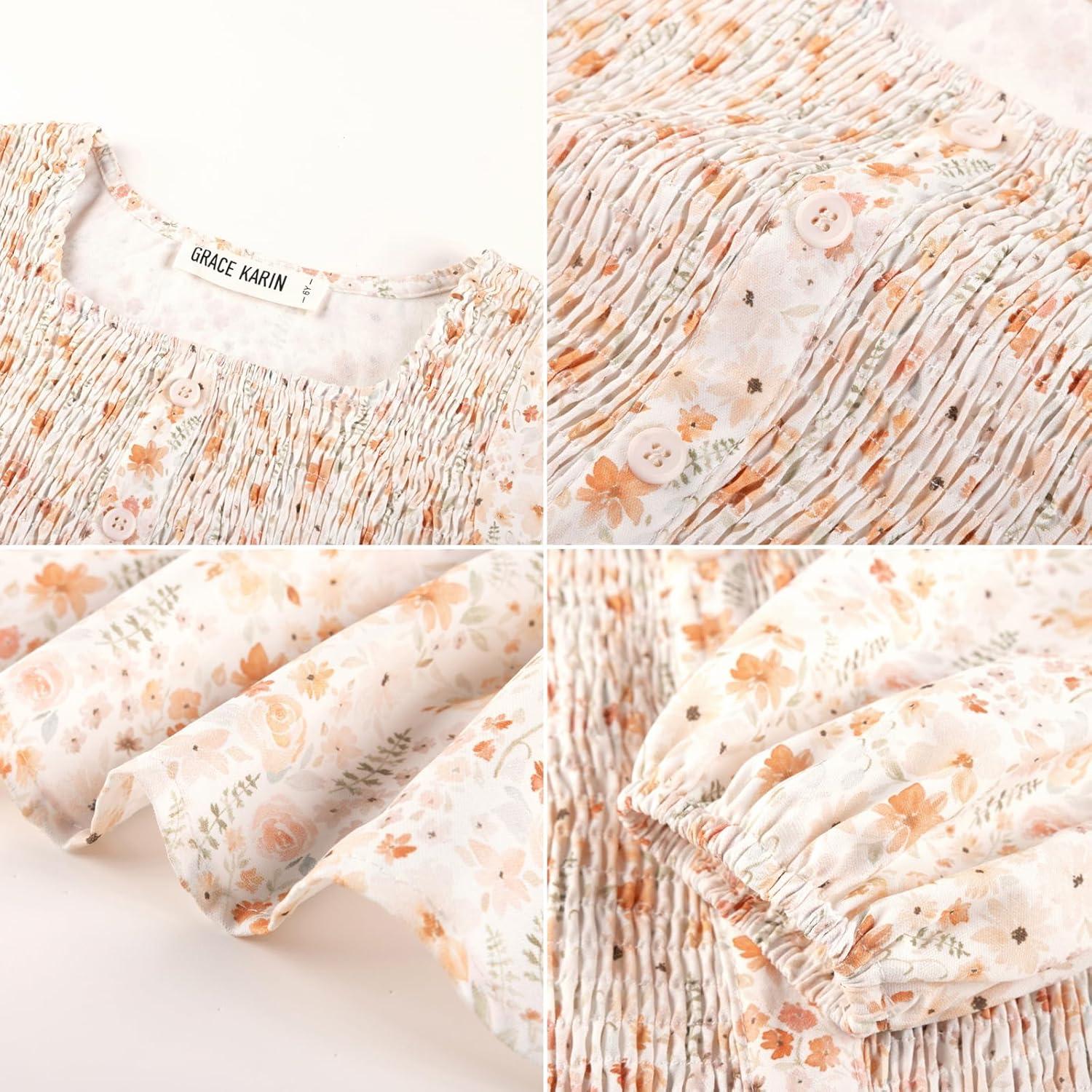 imageGRACE KARIN Girls Fall Long Sleeve Floral Square Neck Smock Tiered Casual Holiday Teen Dress Size 514White Orange Floral