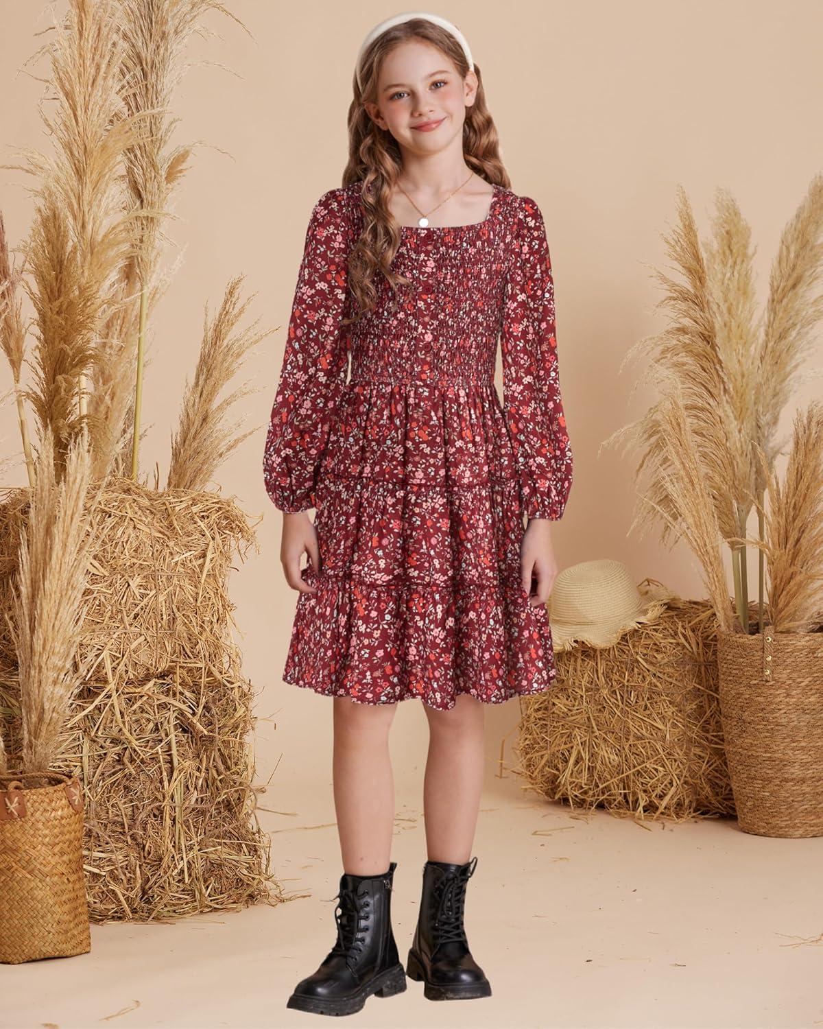 imageGRACE KARIN Girls Fall Long Sleeve Floral Square Neck Smock Tiered Casual Holiday Teen Dress Size 514Wine Red Floral