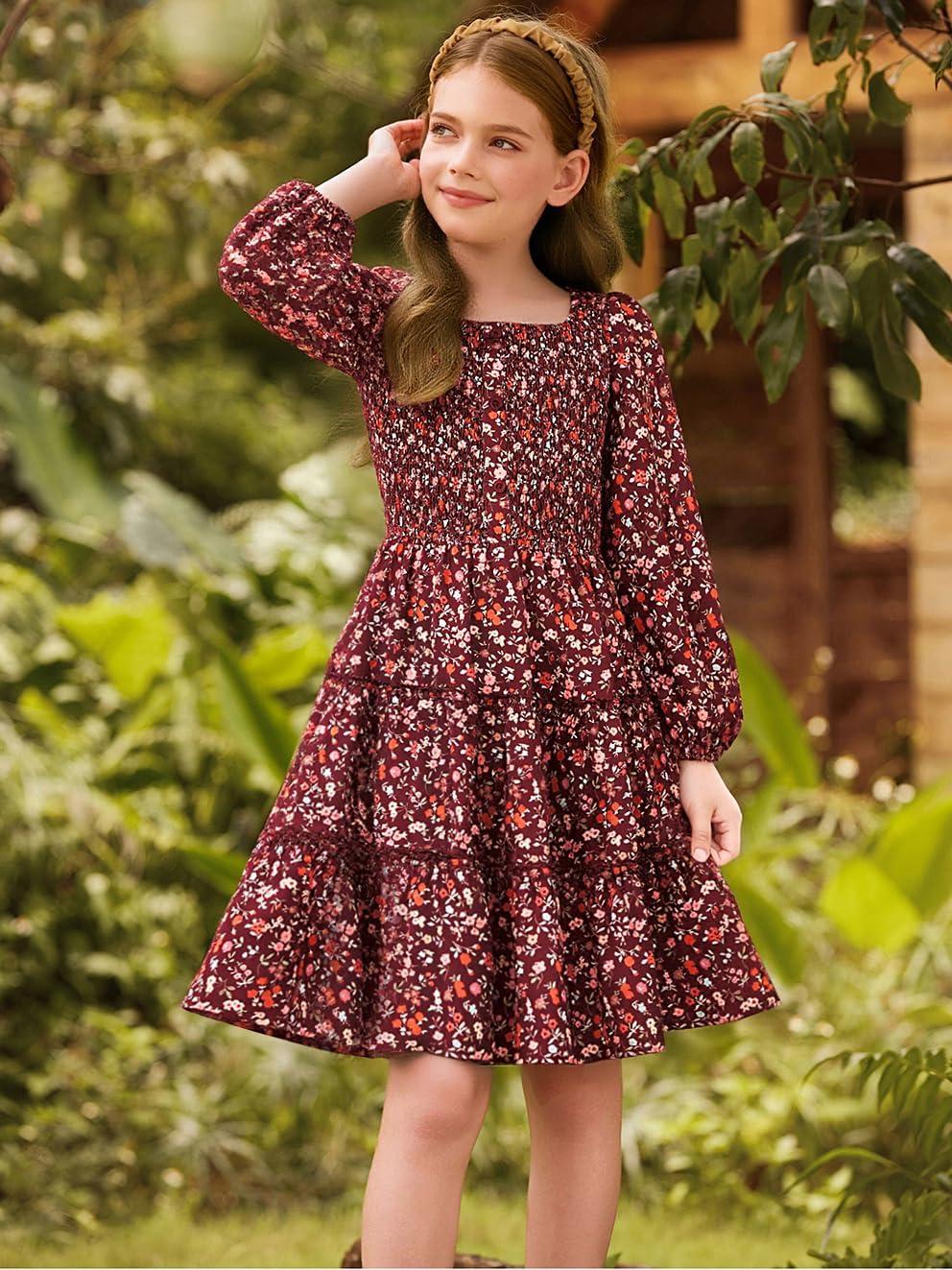 imageGRACE KARIN Girls Fall Long Sleeve Floral Square Neck Smock Tiered Casual Holiday Teen Dress Size 514Wine Red Floral