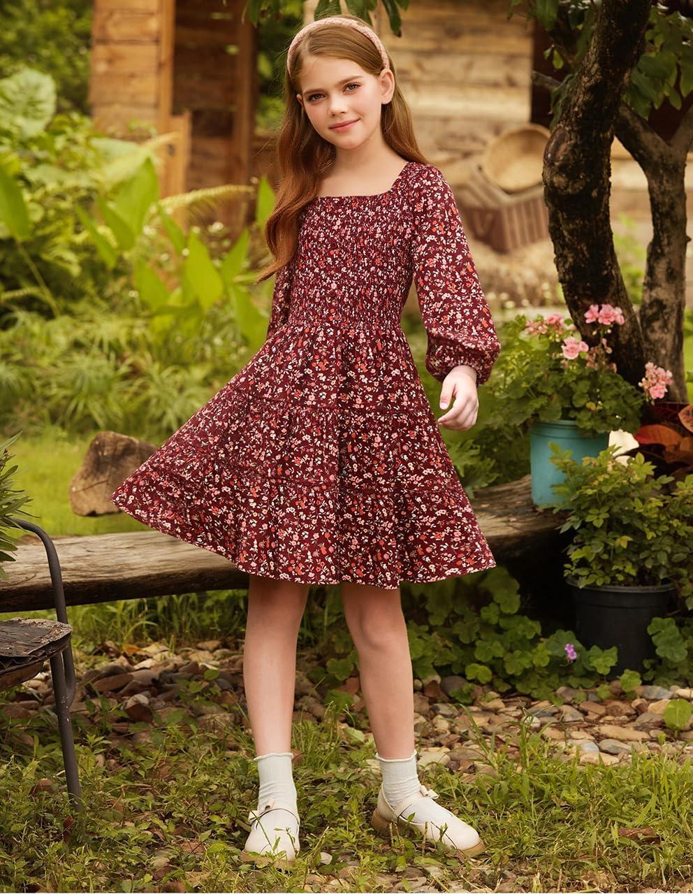 imageGRACE KARIN Girls Fall Long Sleeve Floral Square Neck Smock Tiered Casual Holiday Teen Dress Size 514Wine Red Floral