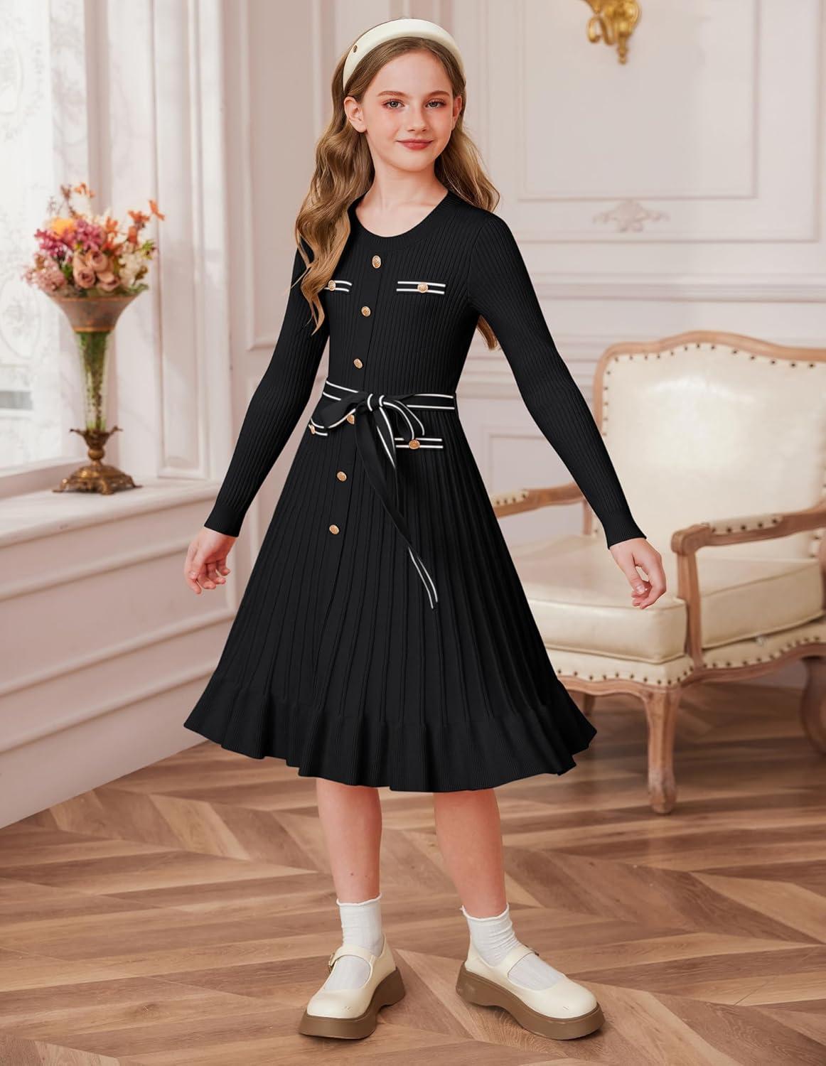 imageGRACE KARIN Girls Fall Sweater Dress Tween Long Sleeve Fashion Button Front Fancy Ruffle Winter Casual Dresses Size 614Black