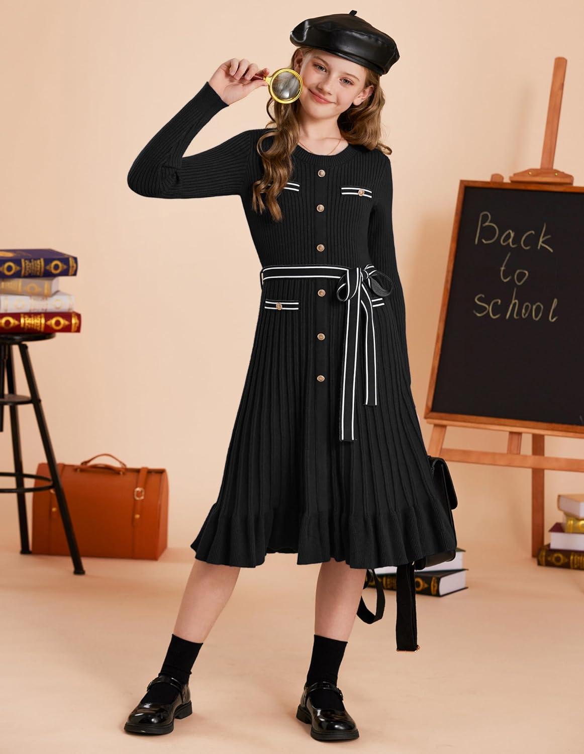 imageGRACE KARIN Girls Fall Sweater Dress Tween Long Sleeve Fashion Button Front Fancy Ruffle Winter Casual Dresses Size 614Black